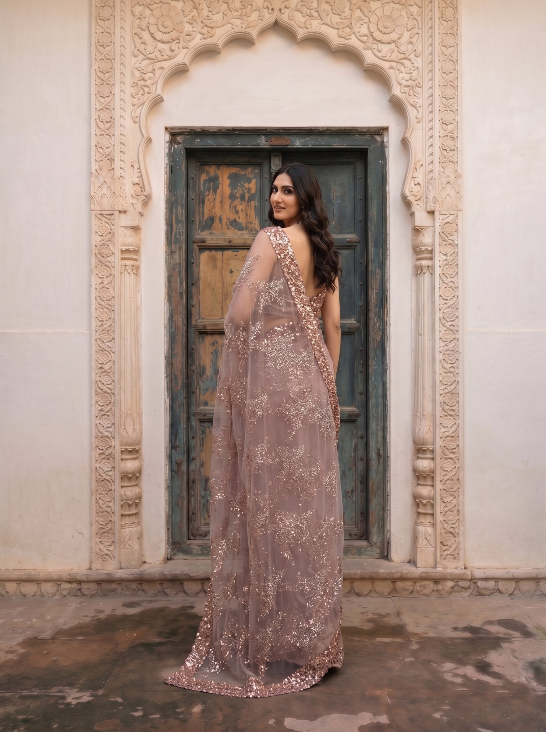 Net Blush Pink Saree with Heavy Sequins Embroidery and Designer Glitter Pattern