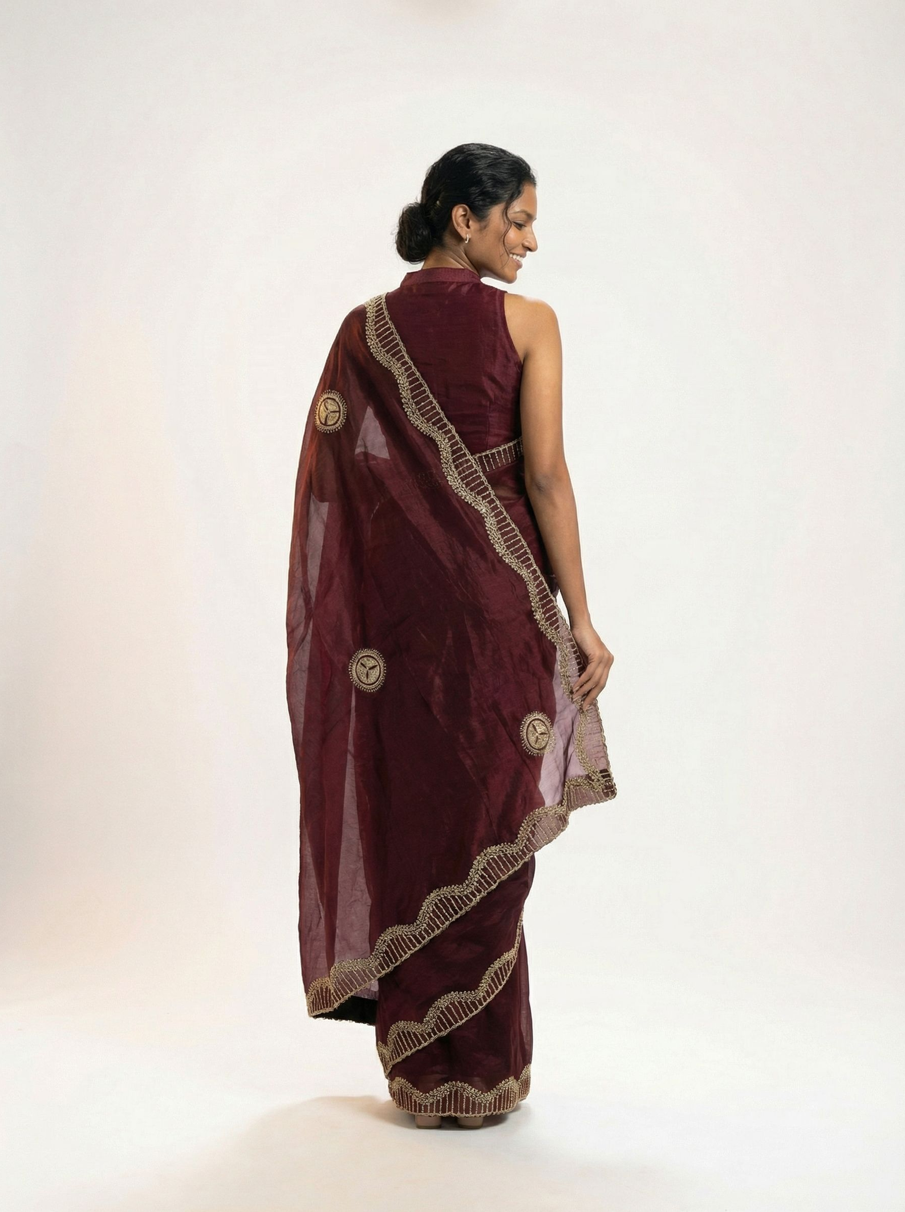 Organza Wine Maroon Stone Work  Border Designer Saree