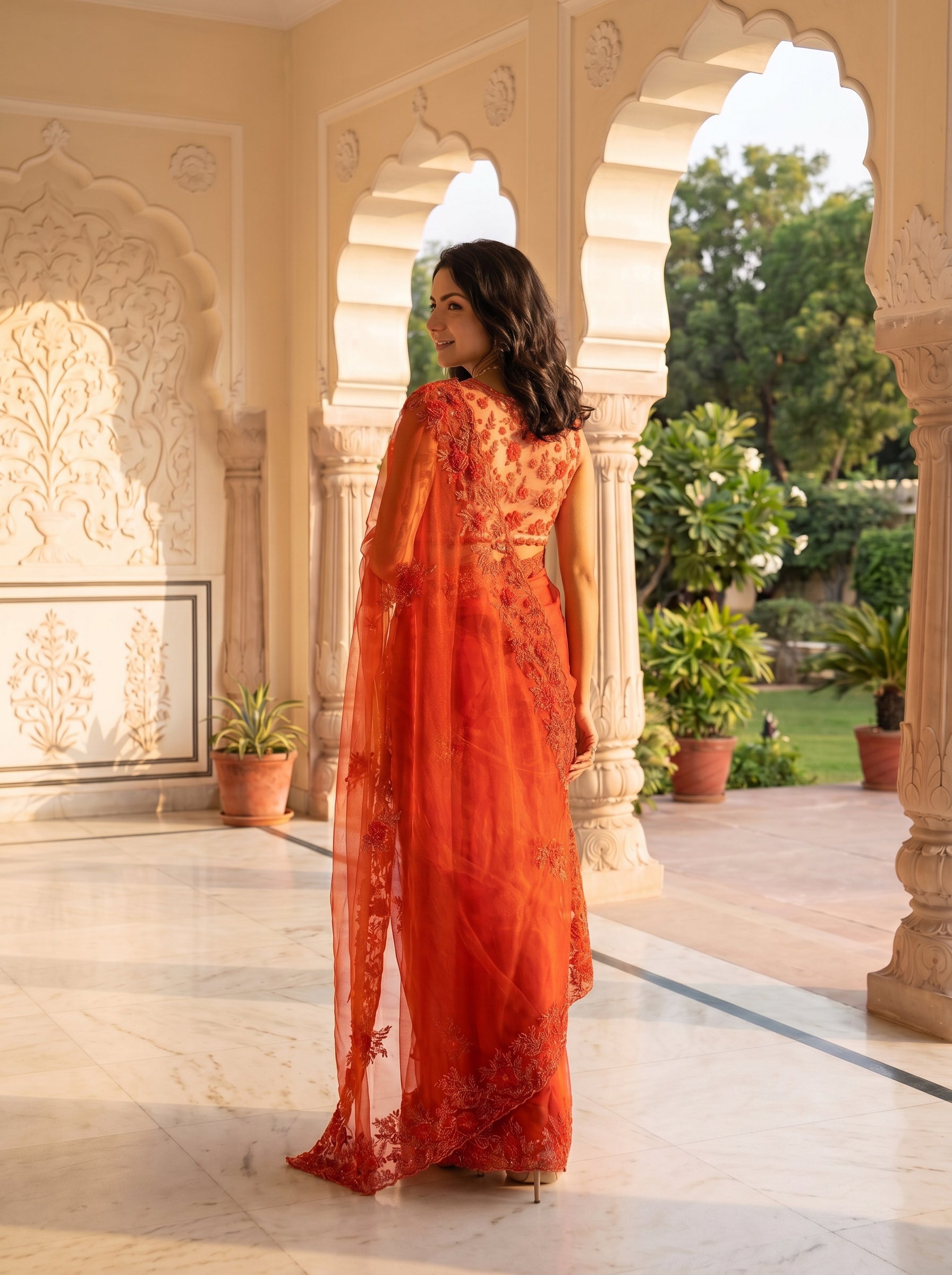 Net Saree Orange with Heavy Floral Embroidery and Designer Sequins Border Work