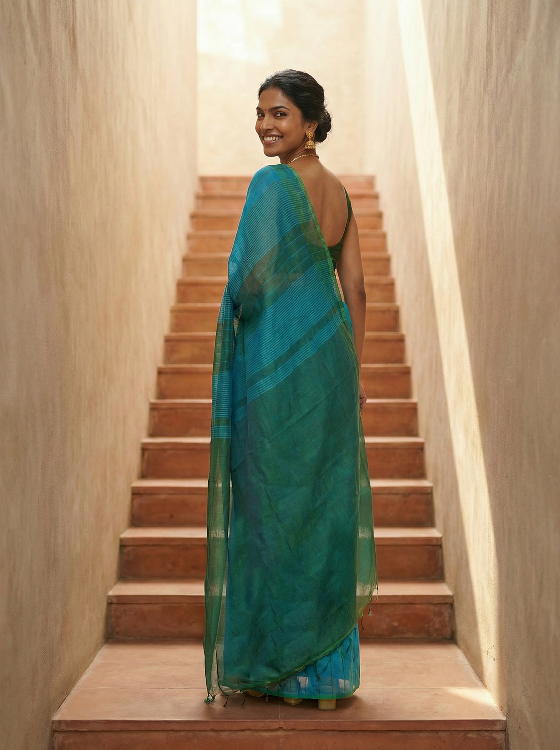 Synthetic Blue Striped Saree with Contrast Green Pallu