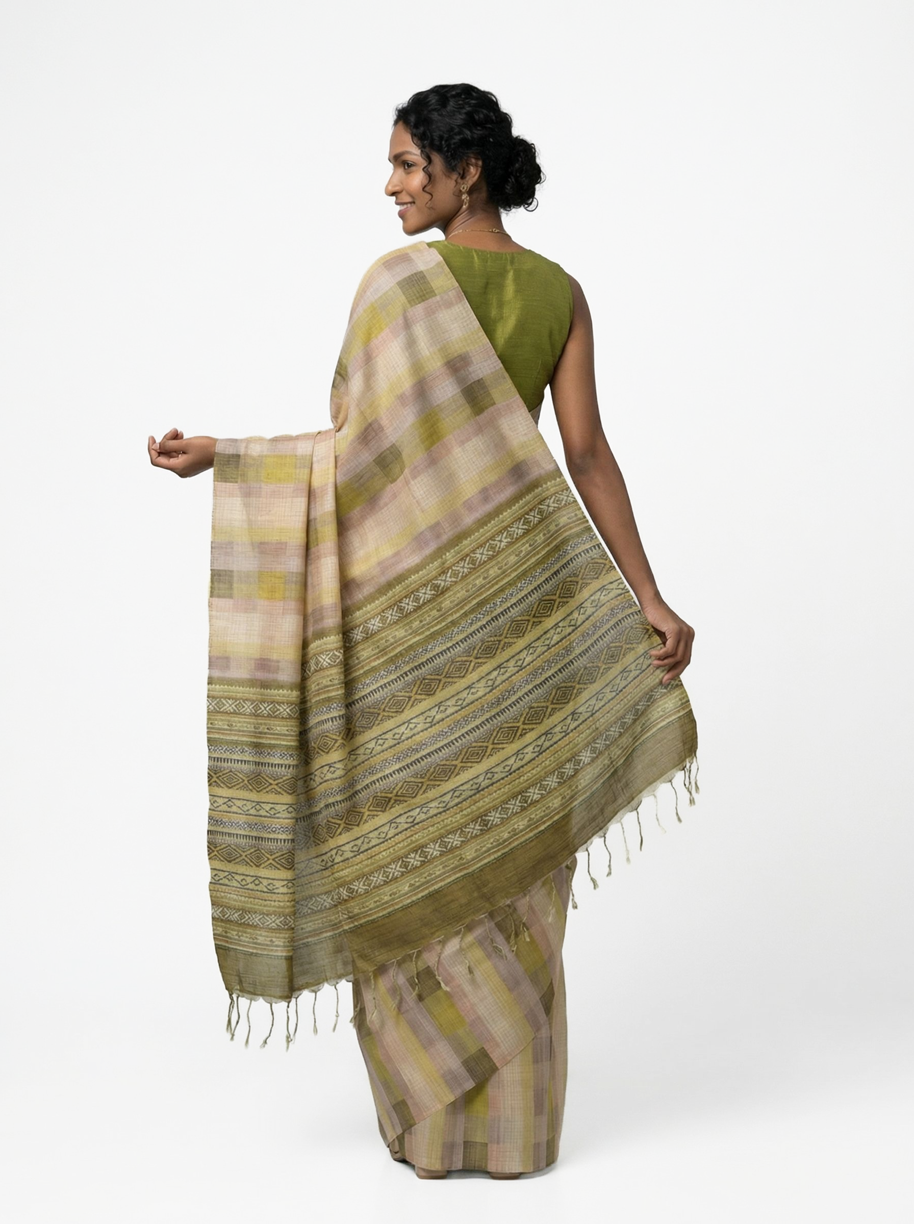 Chanderi Cotton Olive Beige Checked Saree