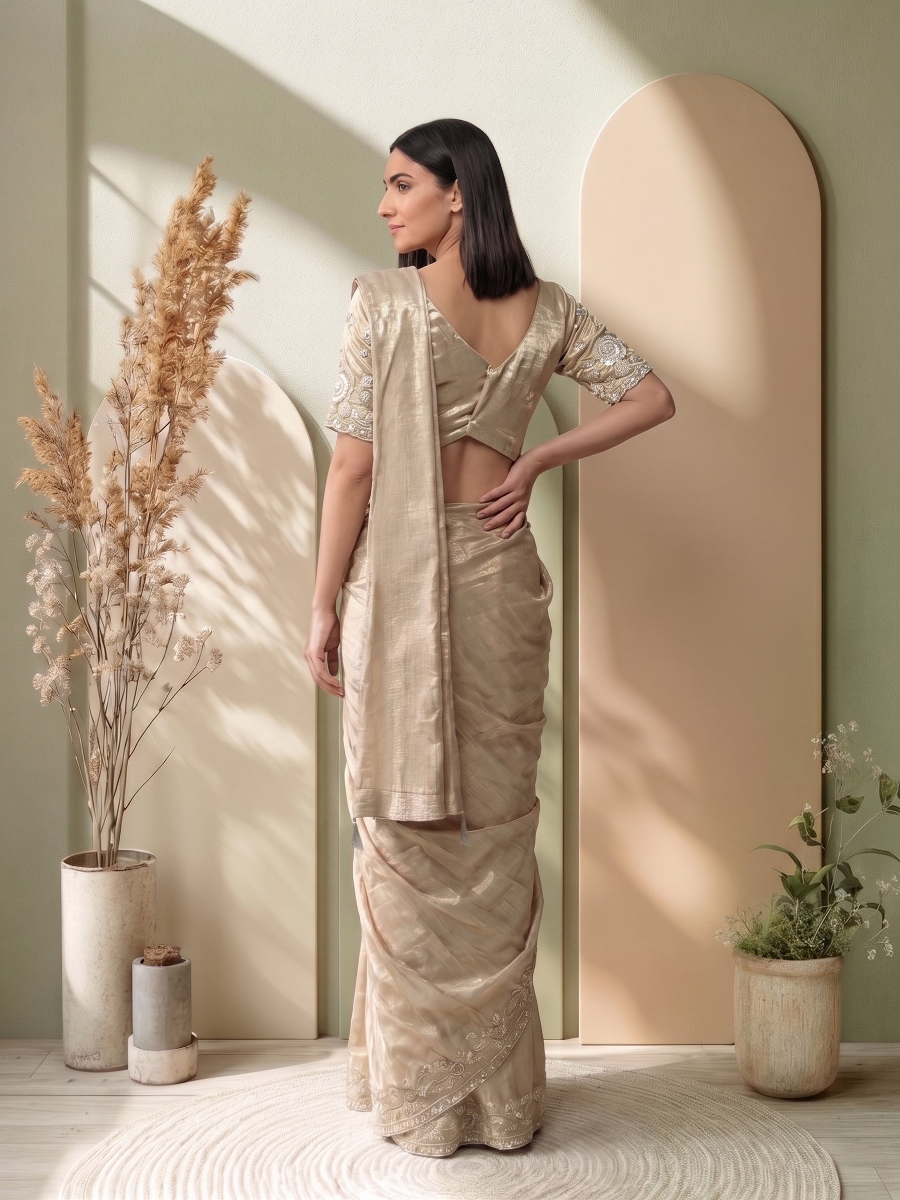 Shimmer Organza  Champagne Beige Designer Border Ready to Wear Saree