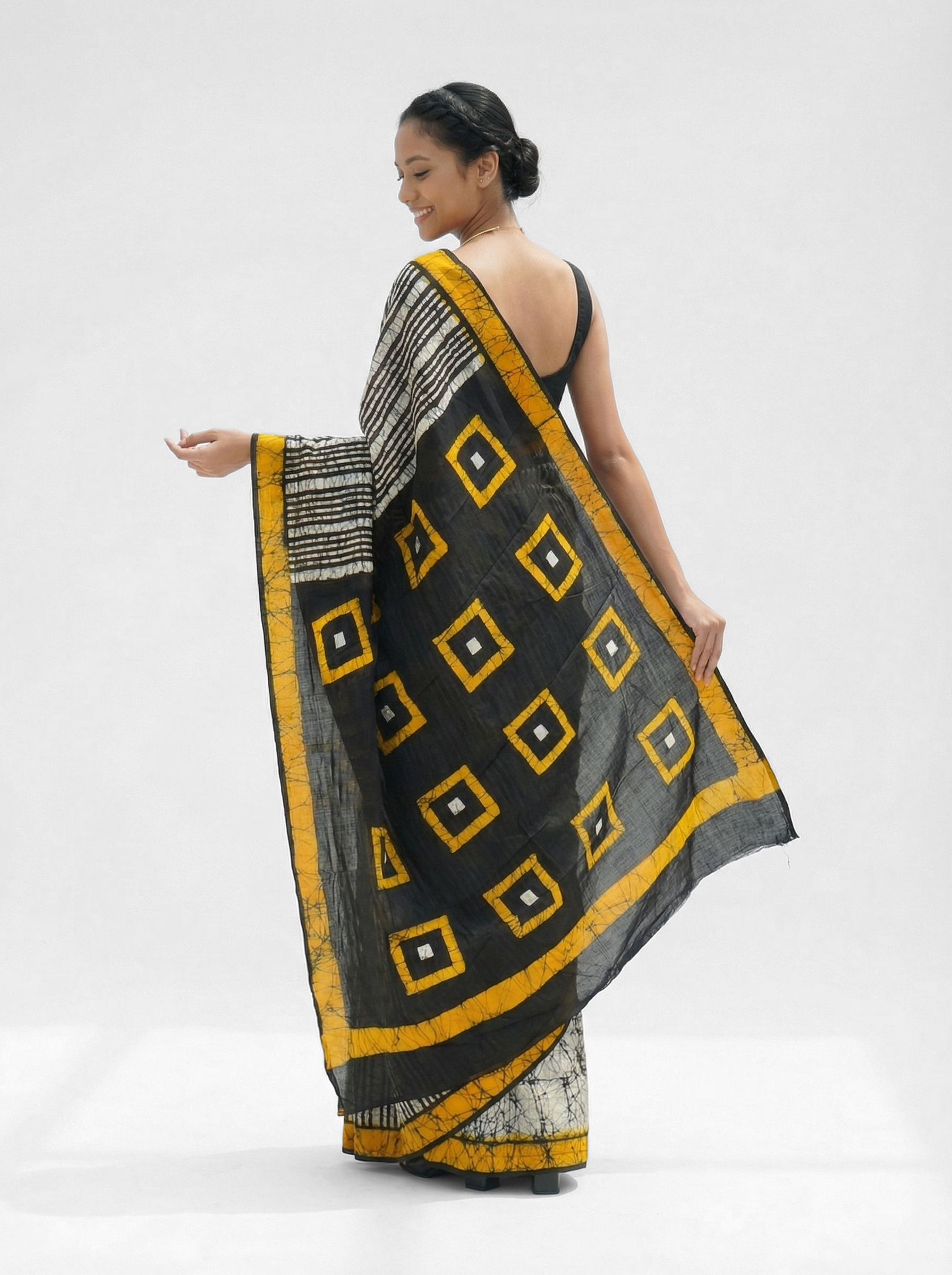 Chanderi Cotton Black White Striped Batik Saree