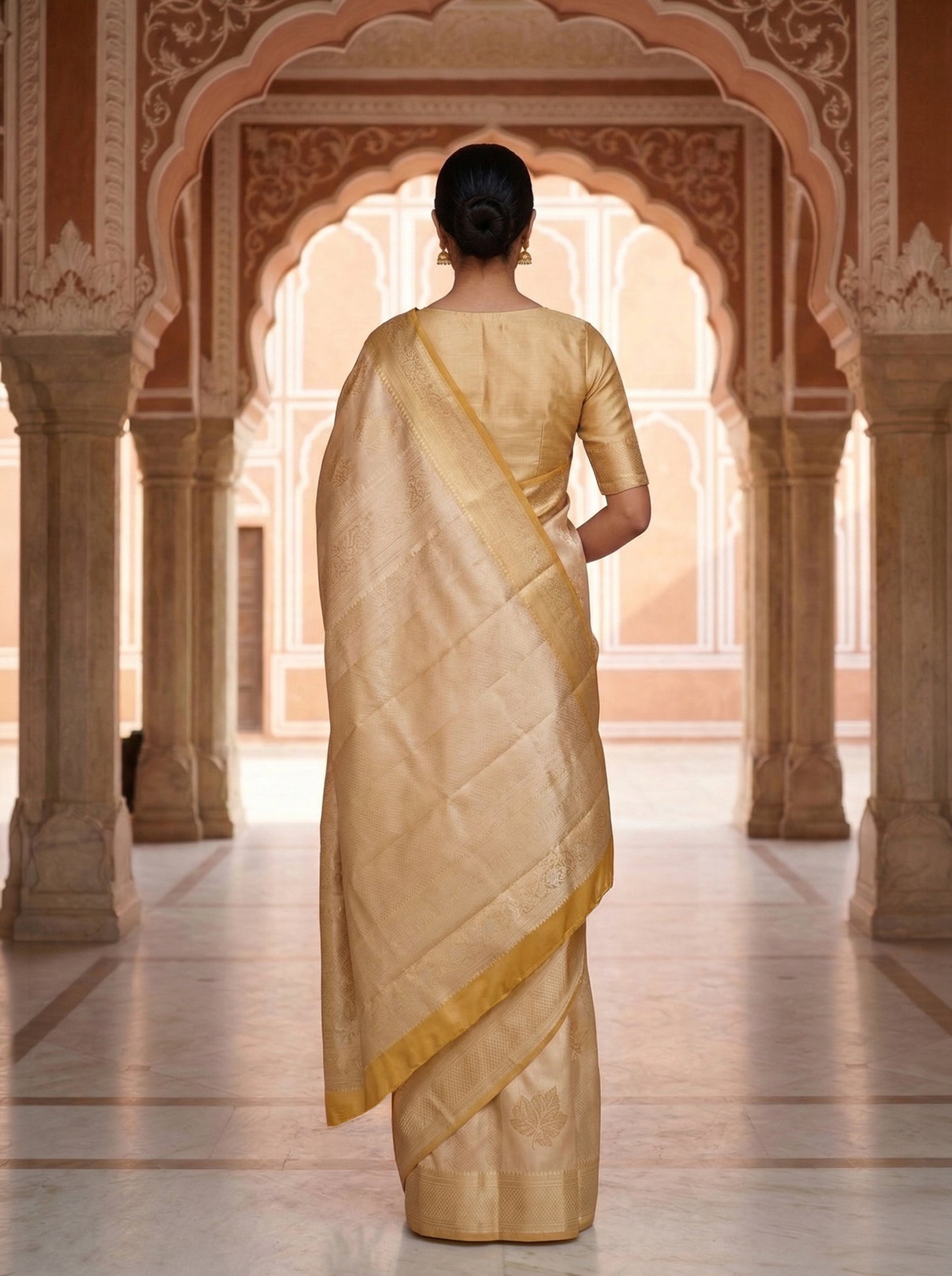 Semi Silk Cream and Dull Gold Floral Woven Saree