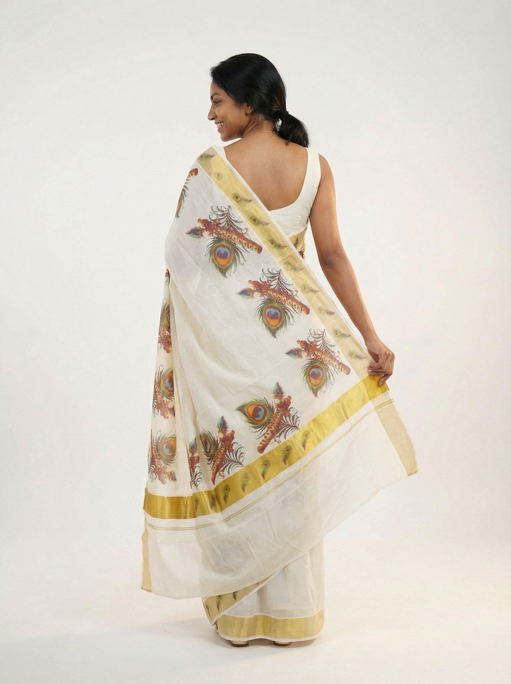 Cotton  Kasavu Saree Off-White & Gold Peacock Feather Digital Print Traditional  Saree with Zari Border