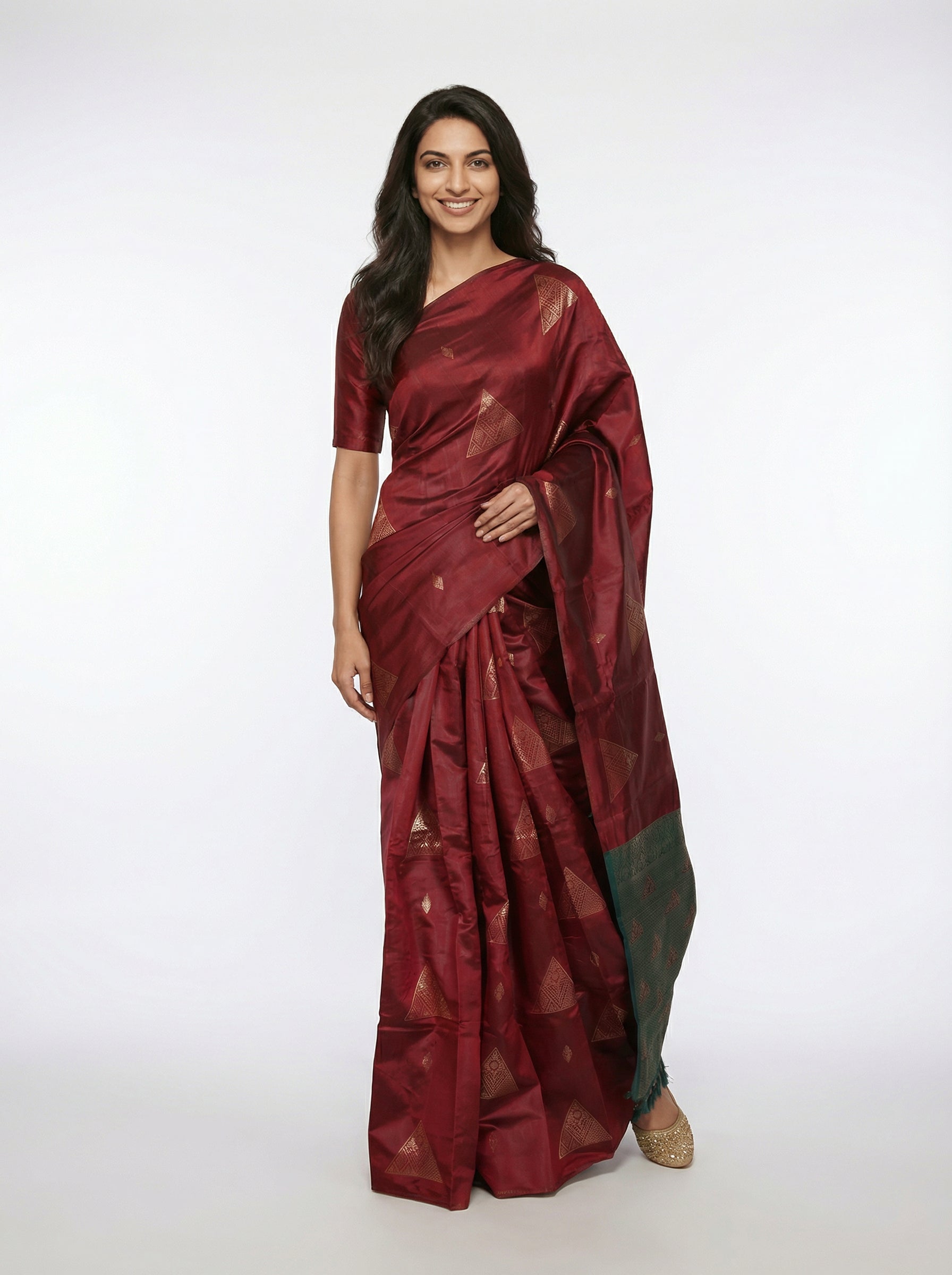 Semi Silk Elegant Maroon Saree with Bottle Green Contrast Blouse