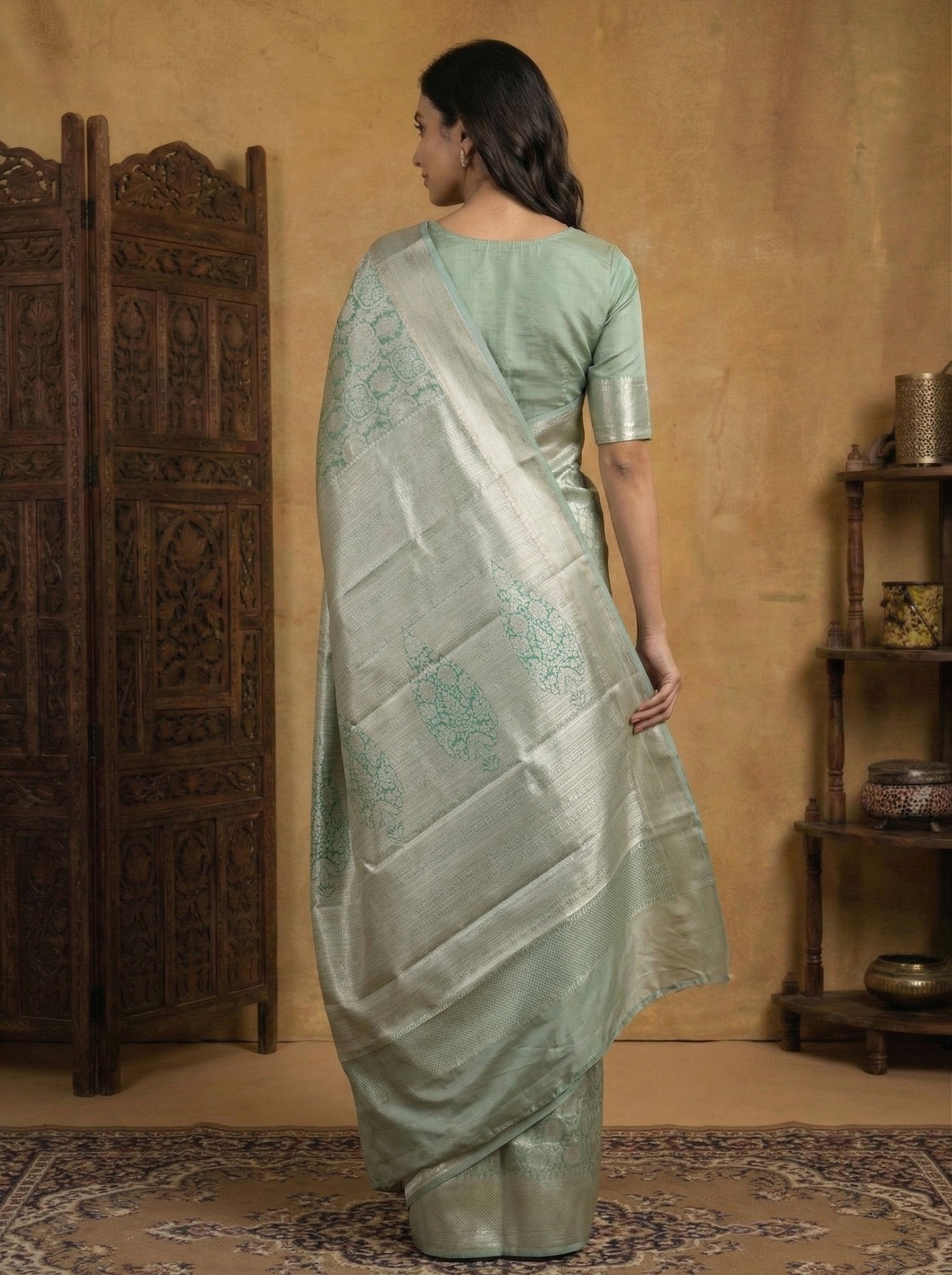 Semi Silk Pastel Green Zari Woven Saree