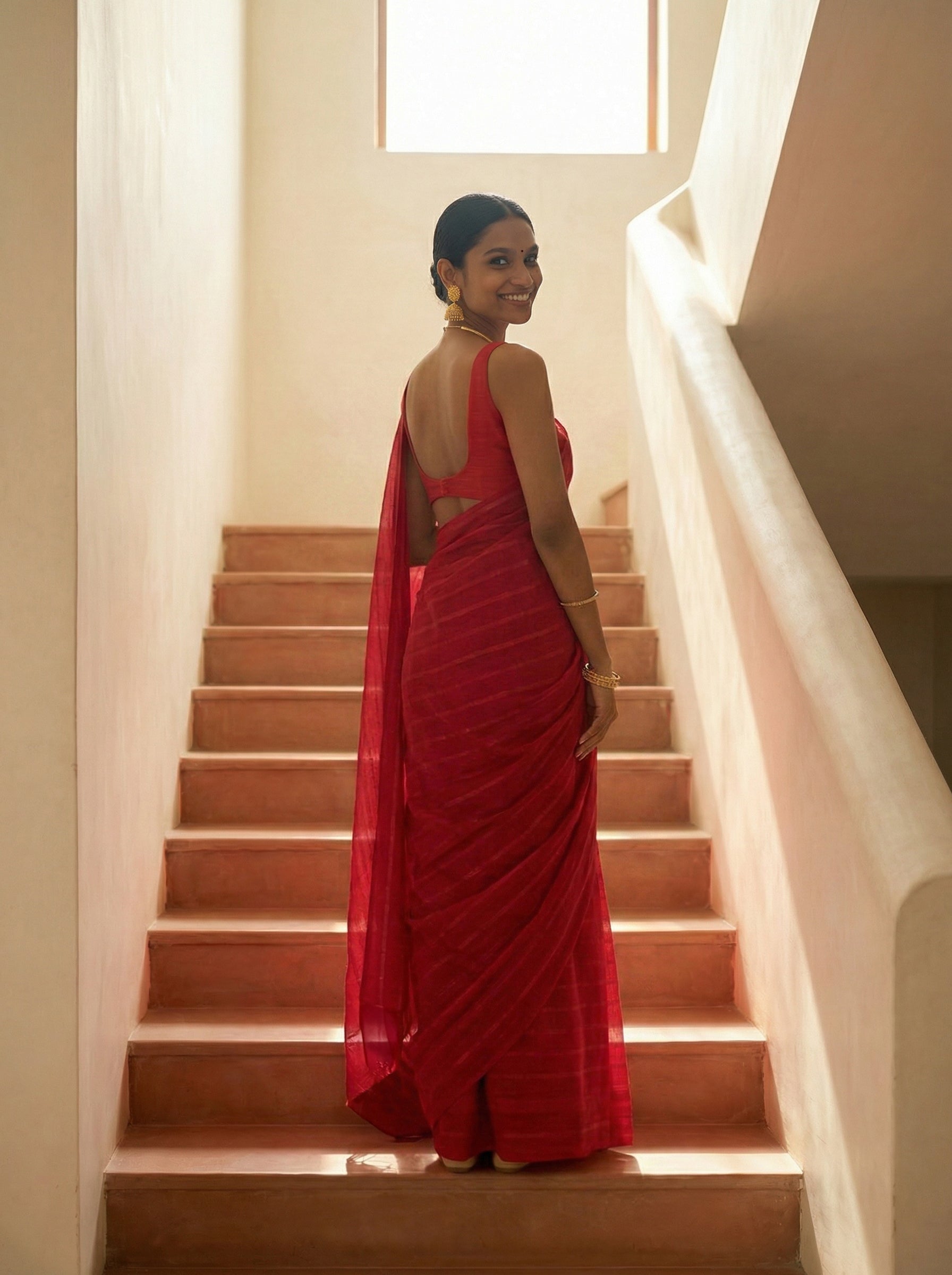 Synthetic Bright Red Saree with Elegant Stripe Pattern
