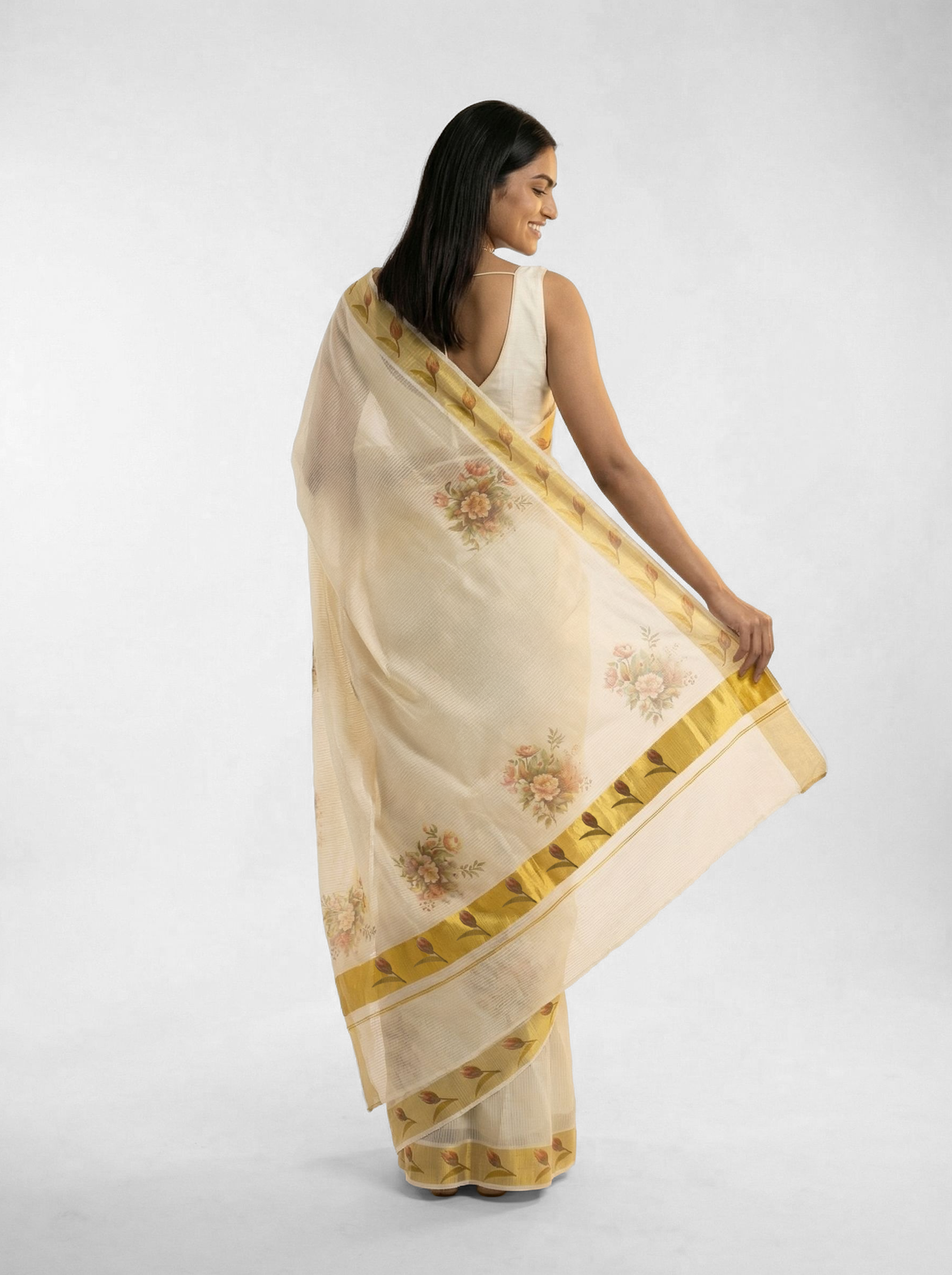 Cotton Cream Saree with Multicolor Floral Printed Border and Botanical Motif Design