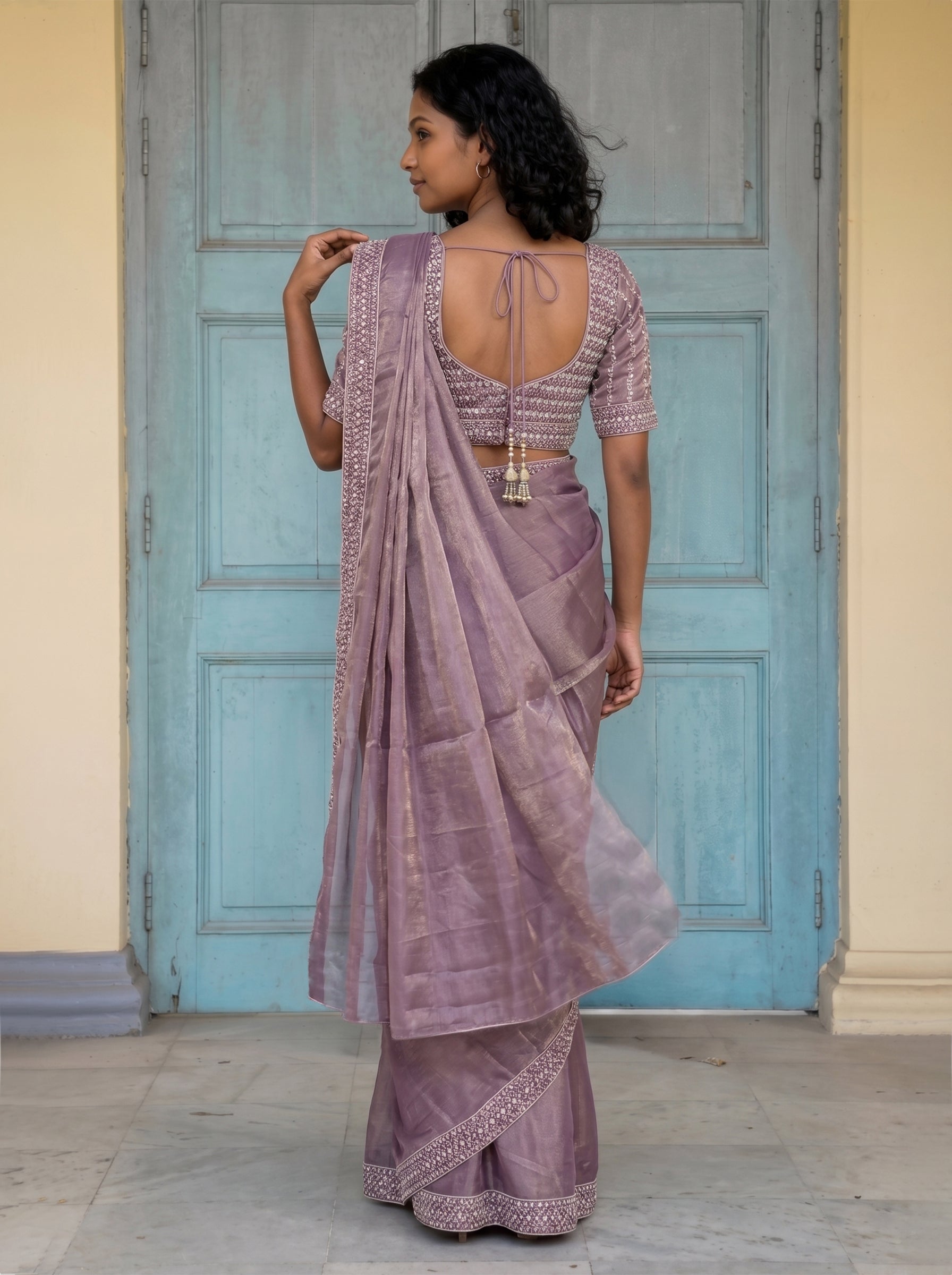 Shimmer Organza Dusty Lavender Embroidered Border Ready to Wear Saree