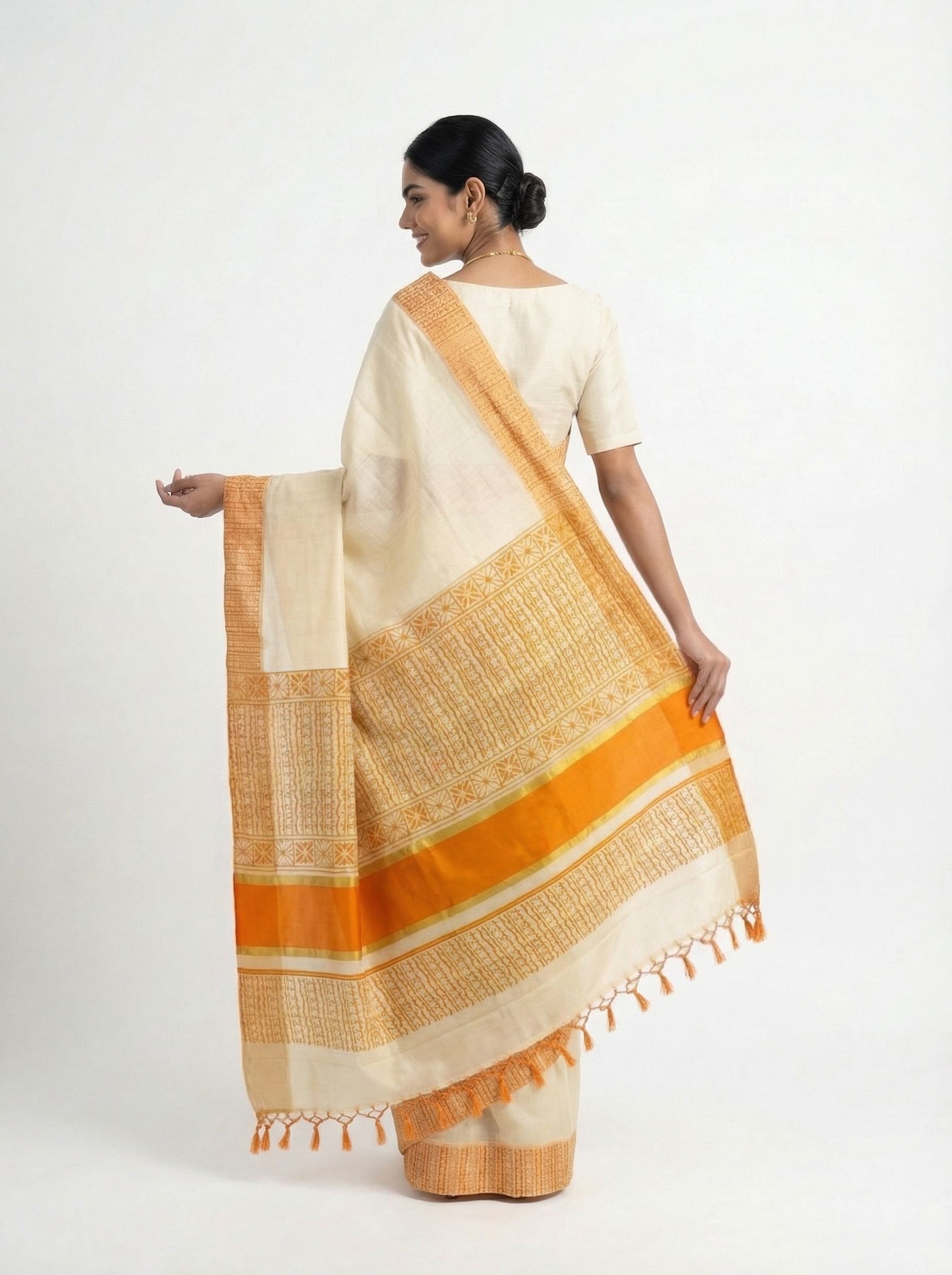 Cotton Cream Saree with Orange Border Set Saree