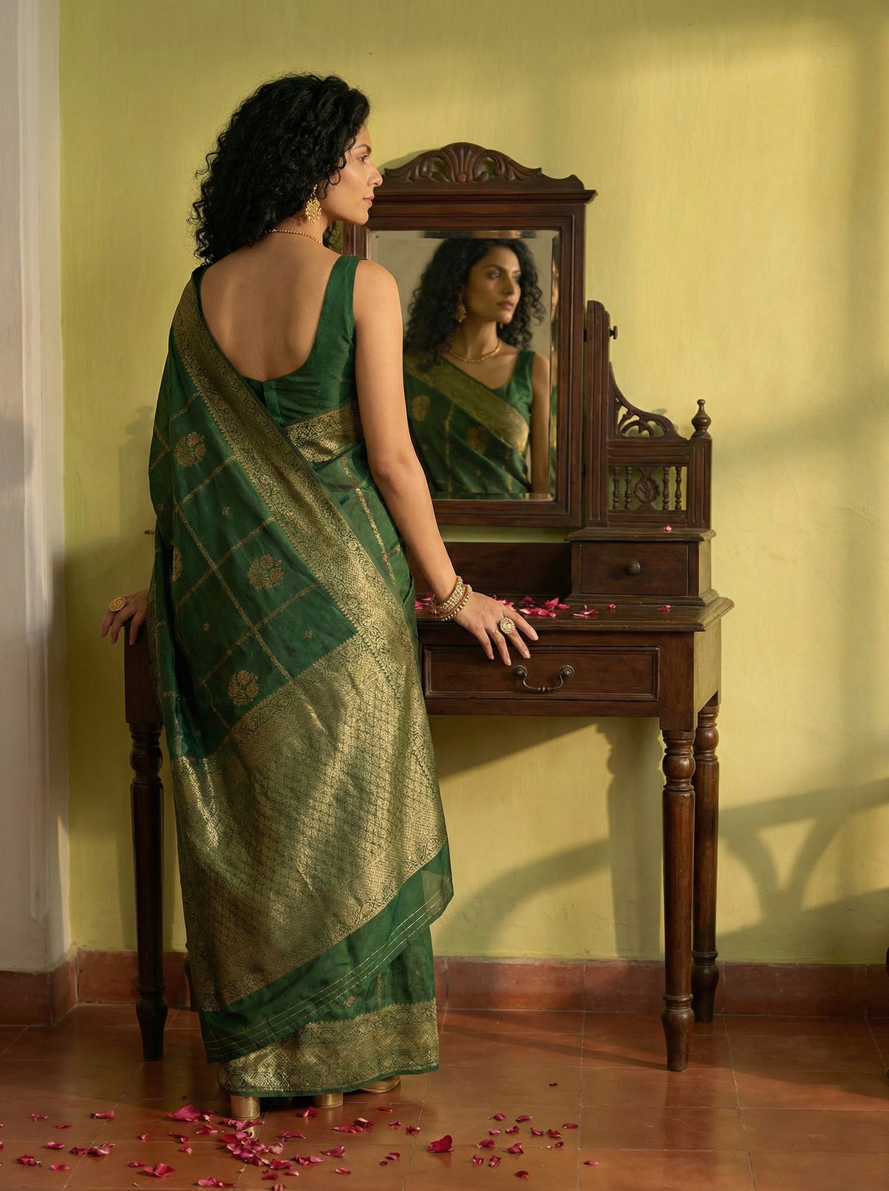 Jute Basil Green Royal Floral Saree