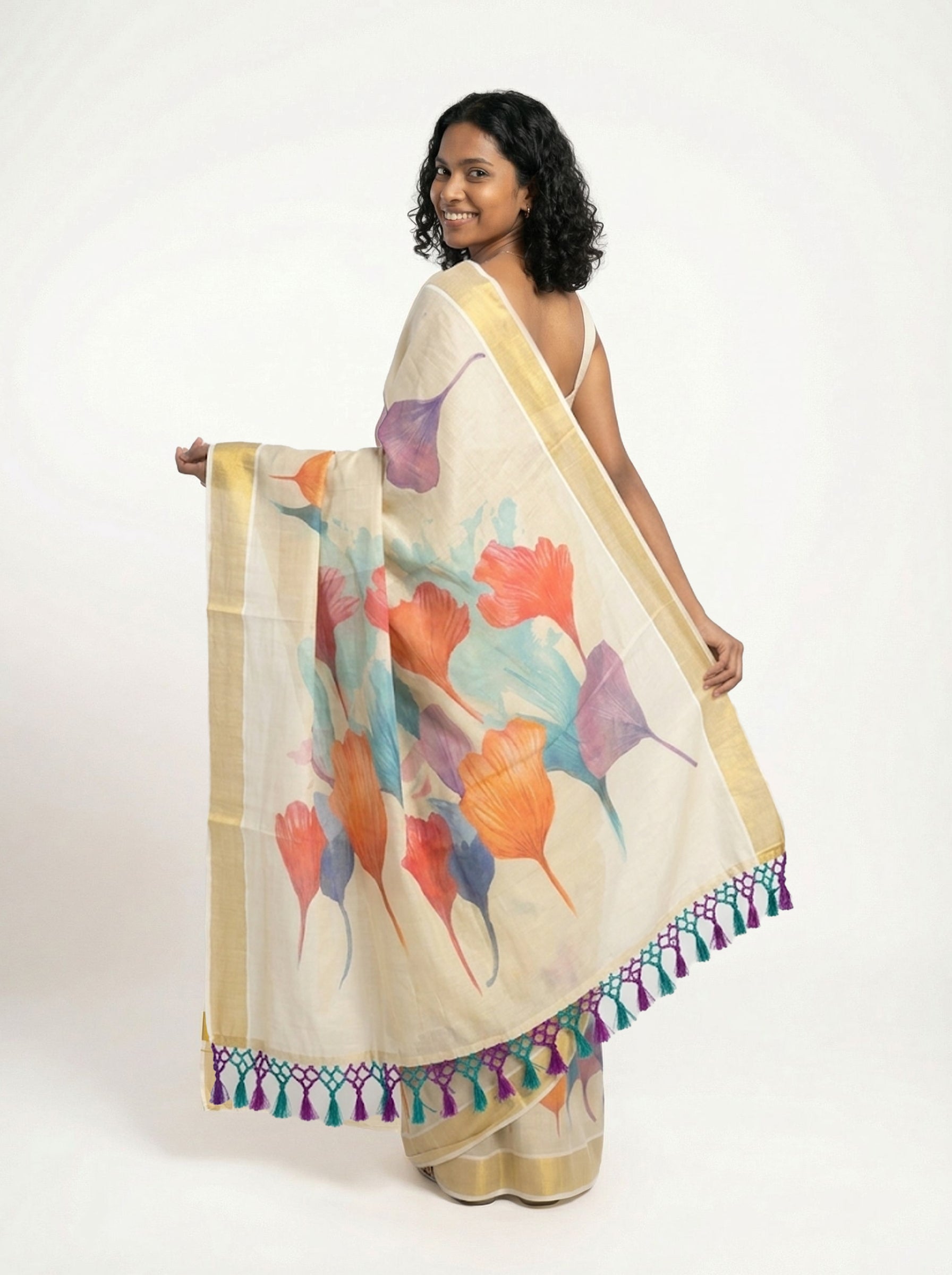 Cotton Cream Saree with Multicolor Floral Print and Gold Border