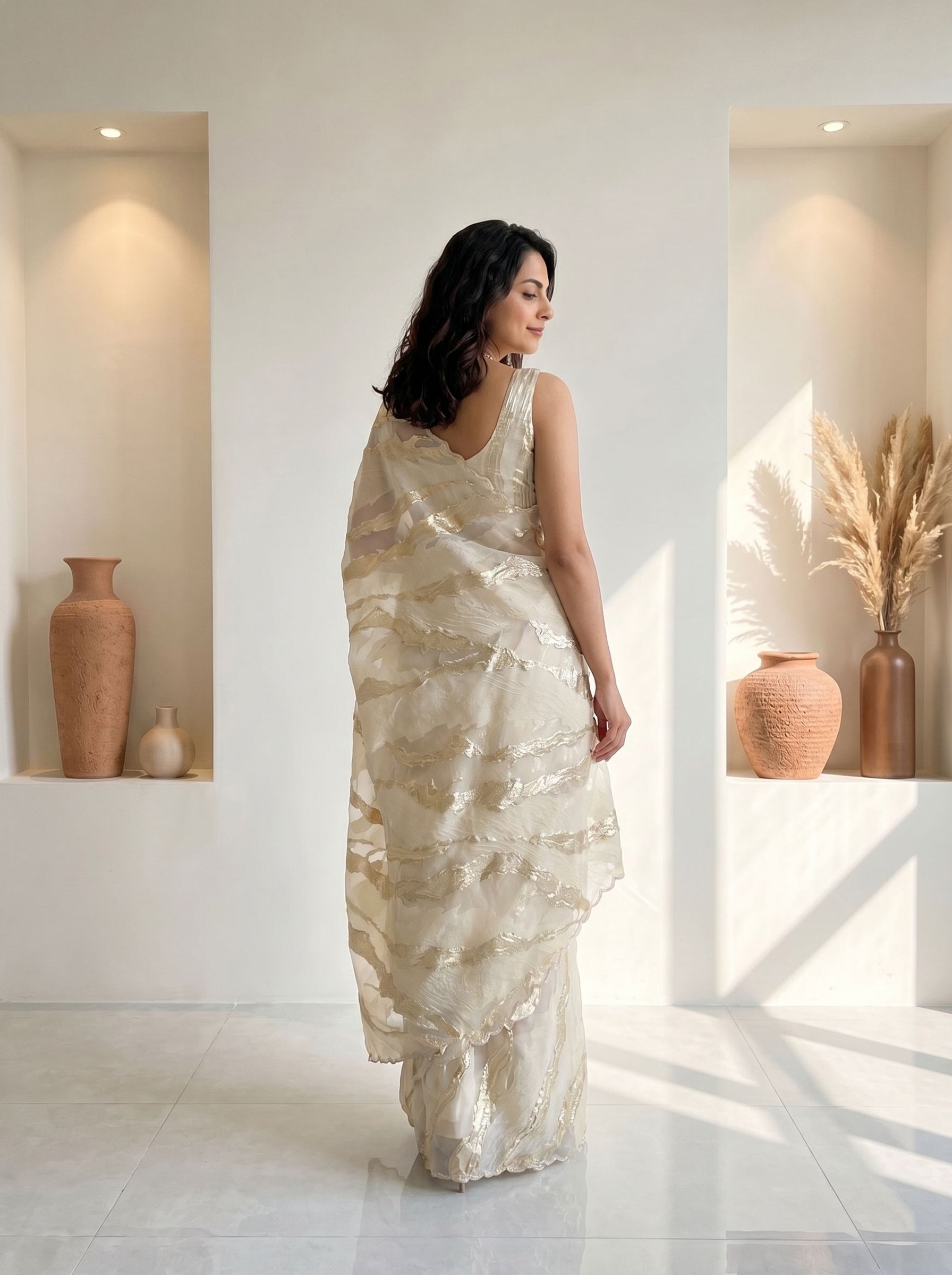 Turkish Organza Off White  Saree with Metallic Foil Stripe Pattern and Luxury Finish
