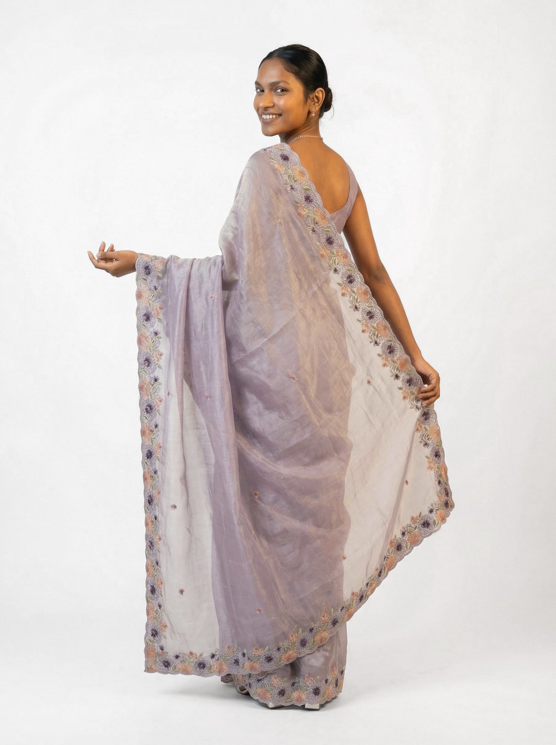 Organza Pastel Lavender Floral Embroidered Saree