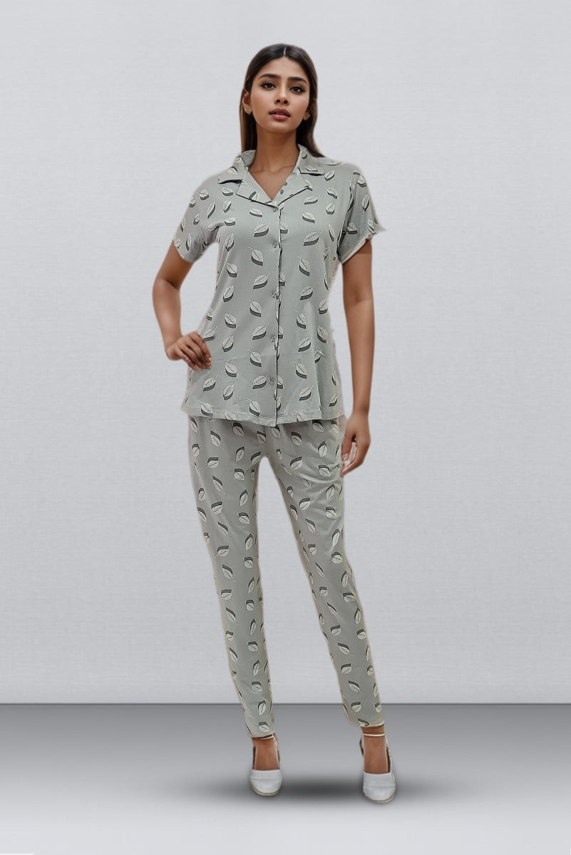 Pomees’s Baby Pink & Blue Green Color Banyan Sleep Wear With Print Design