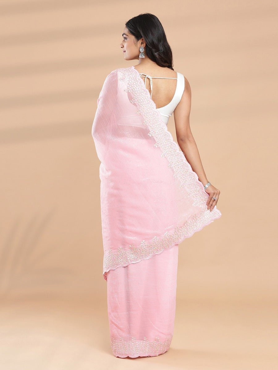 Baby Pink Color Soft Crush Organza Saree With Embroidery Design On Border