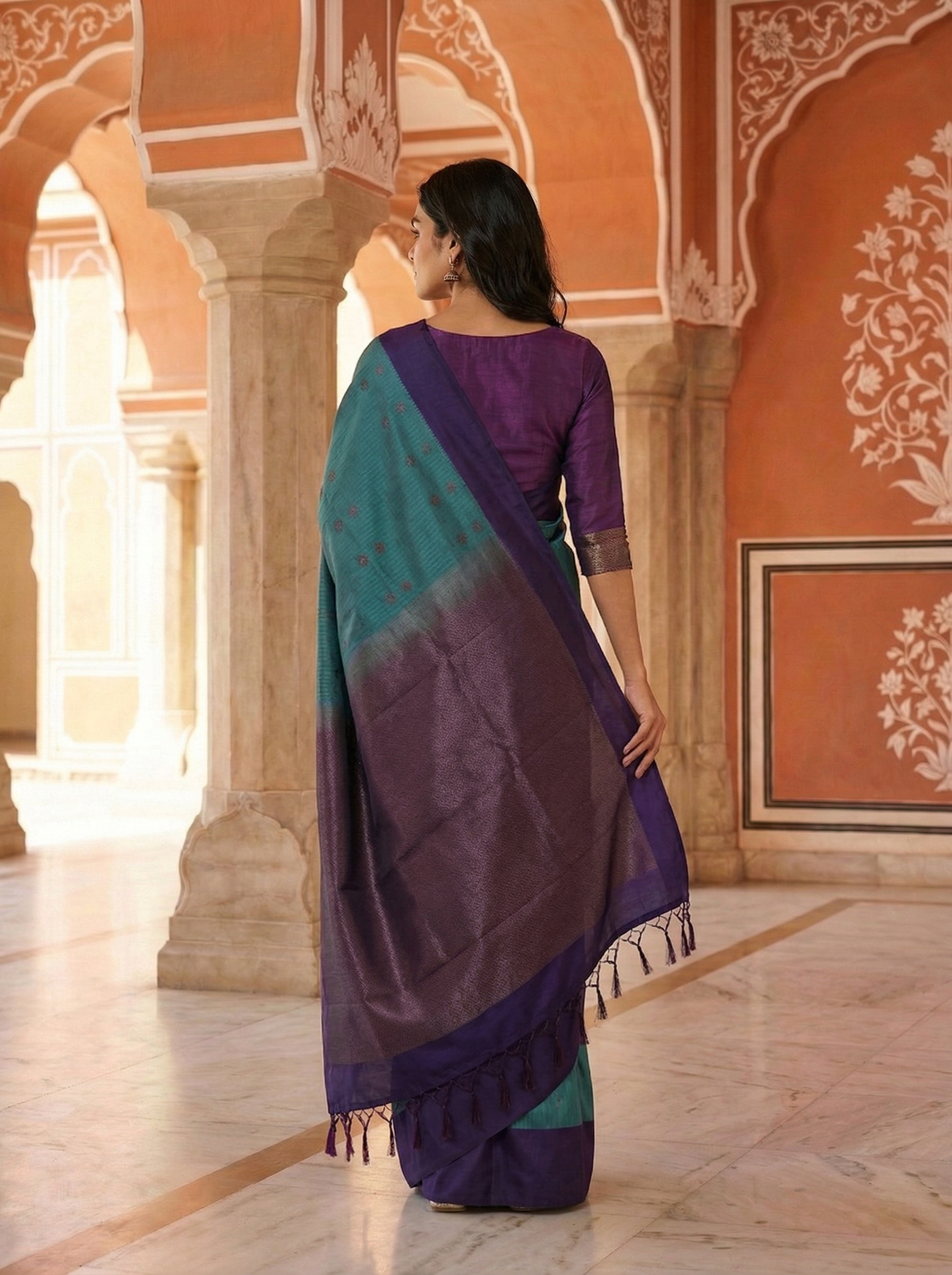 Semi Silk Royal Teal Blue Saree with Elegant Woven Detailing