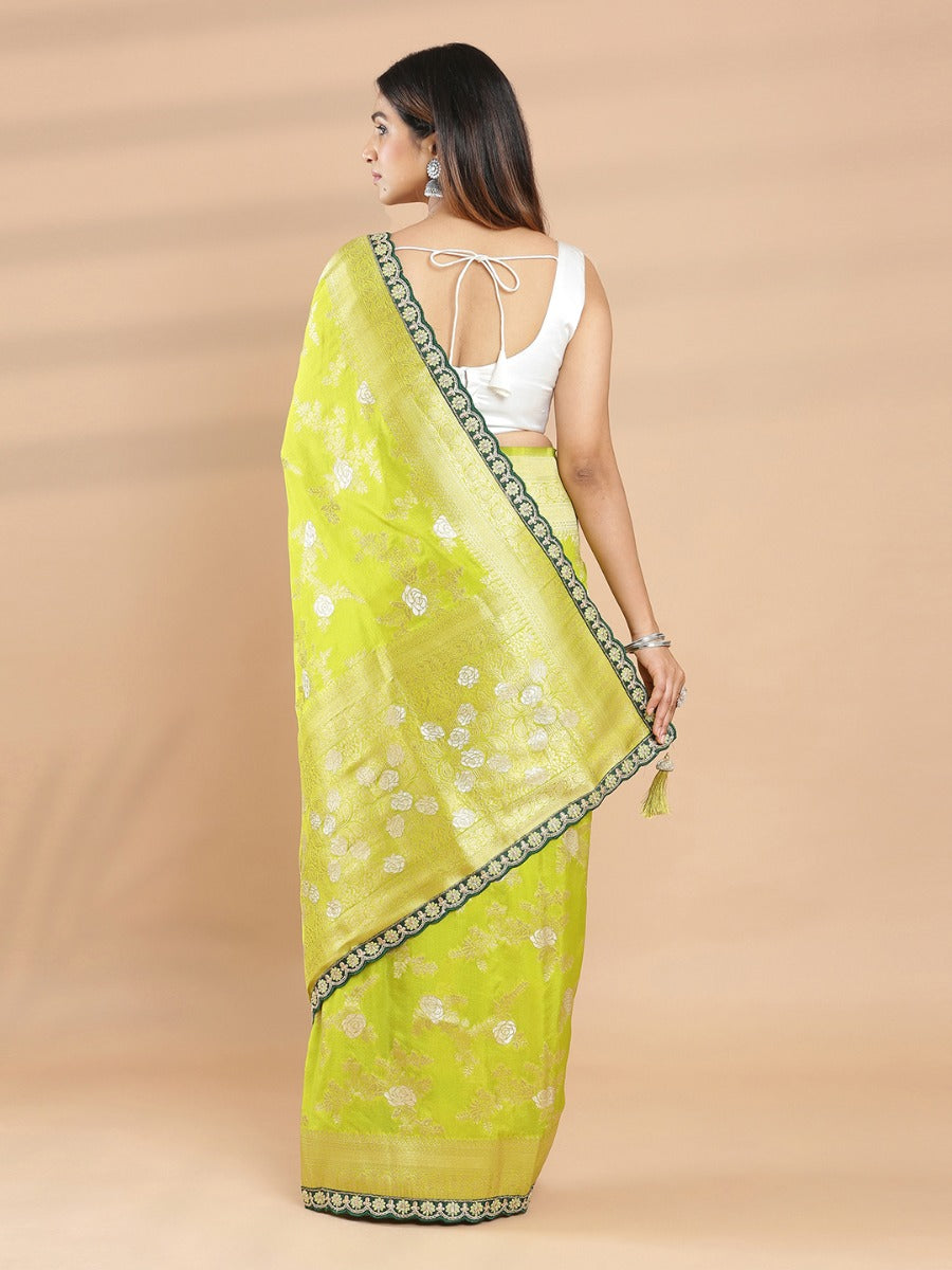Pear Green Color Viscose Rayon Banarasi Saree With Zari Work Design & Dark Green Border