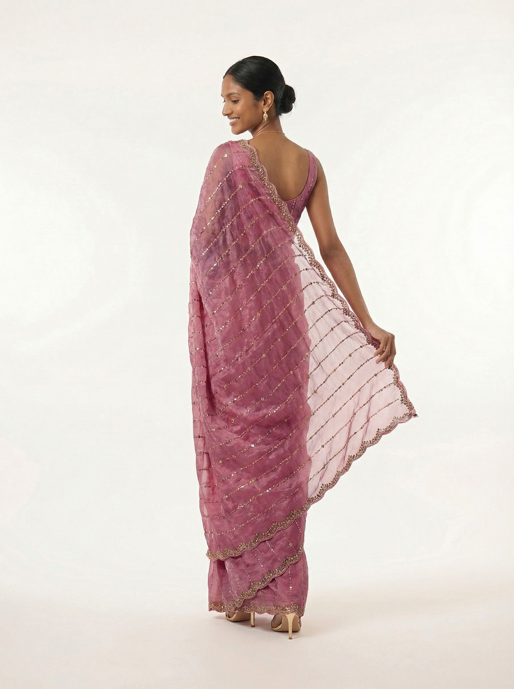 Organza Rose Pink Sequence Pattern  Striped Designer Saree