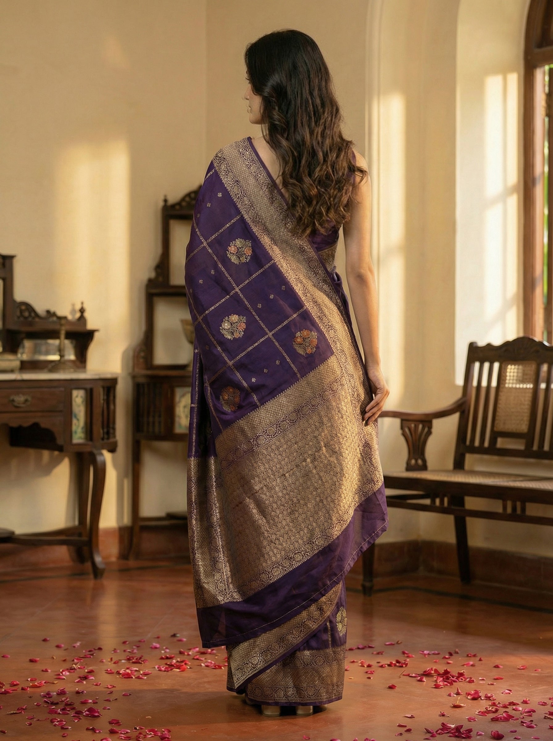 Jute Majestic Purple Floral Medallion Saree
