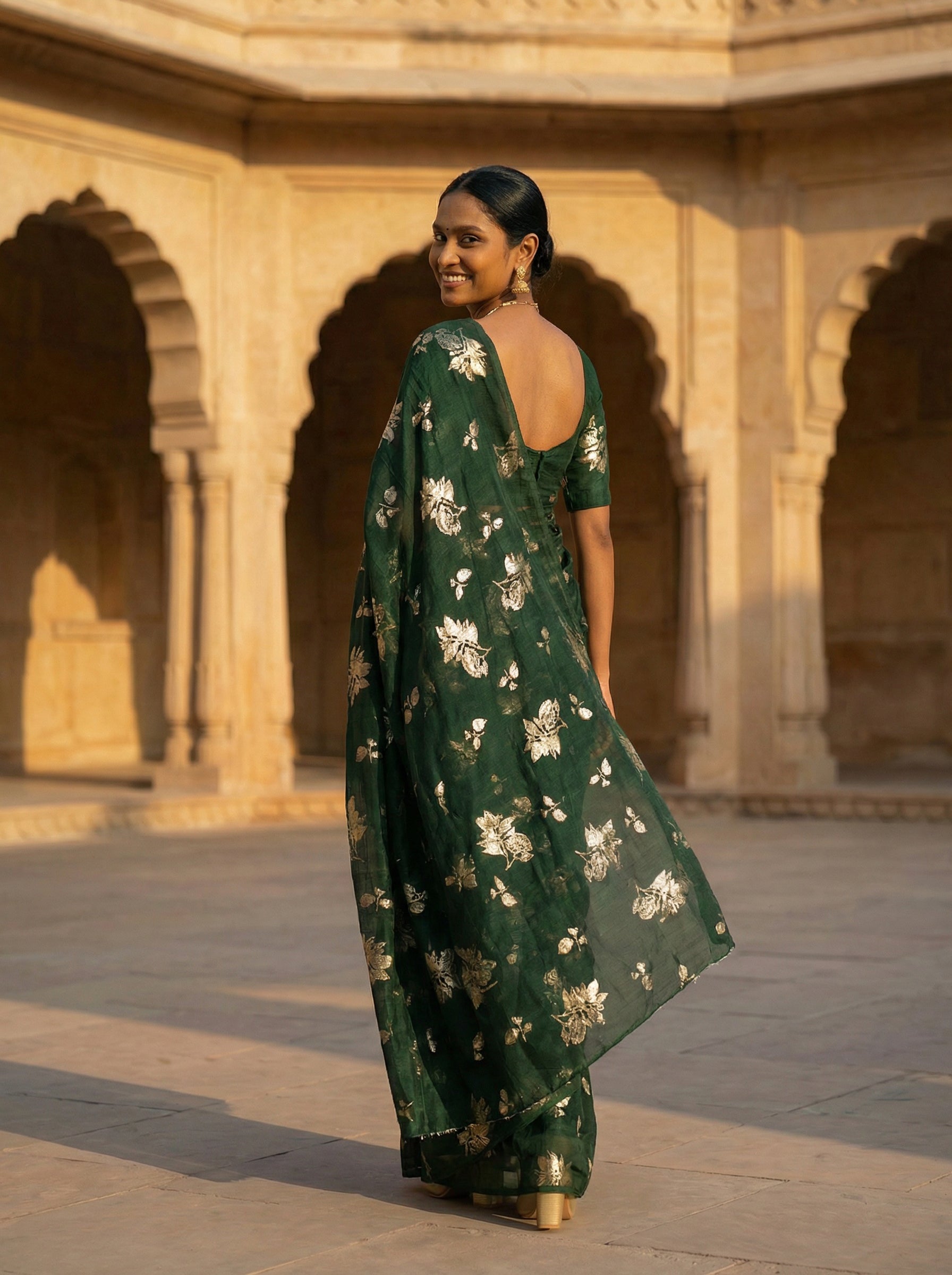 Synthetic Dark Teal Saree with Beautiful Floral Design
