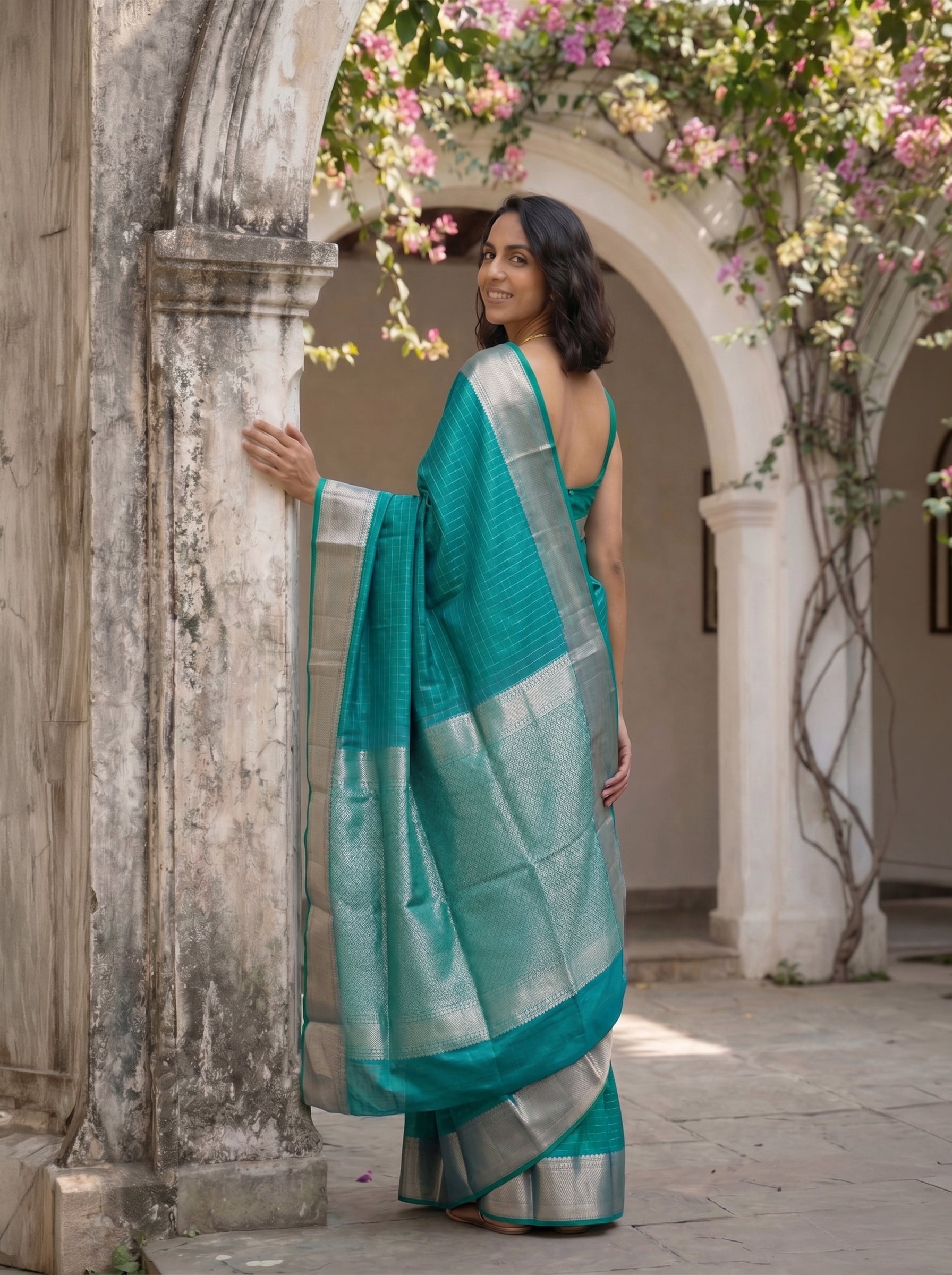 Kanjivaram Pure Silk Sea Green Checked Saree with Silver Zari Border