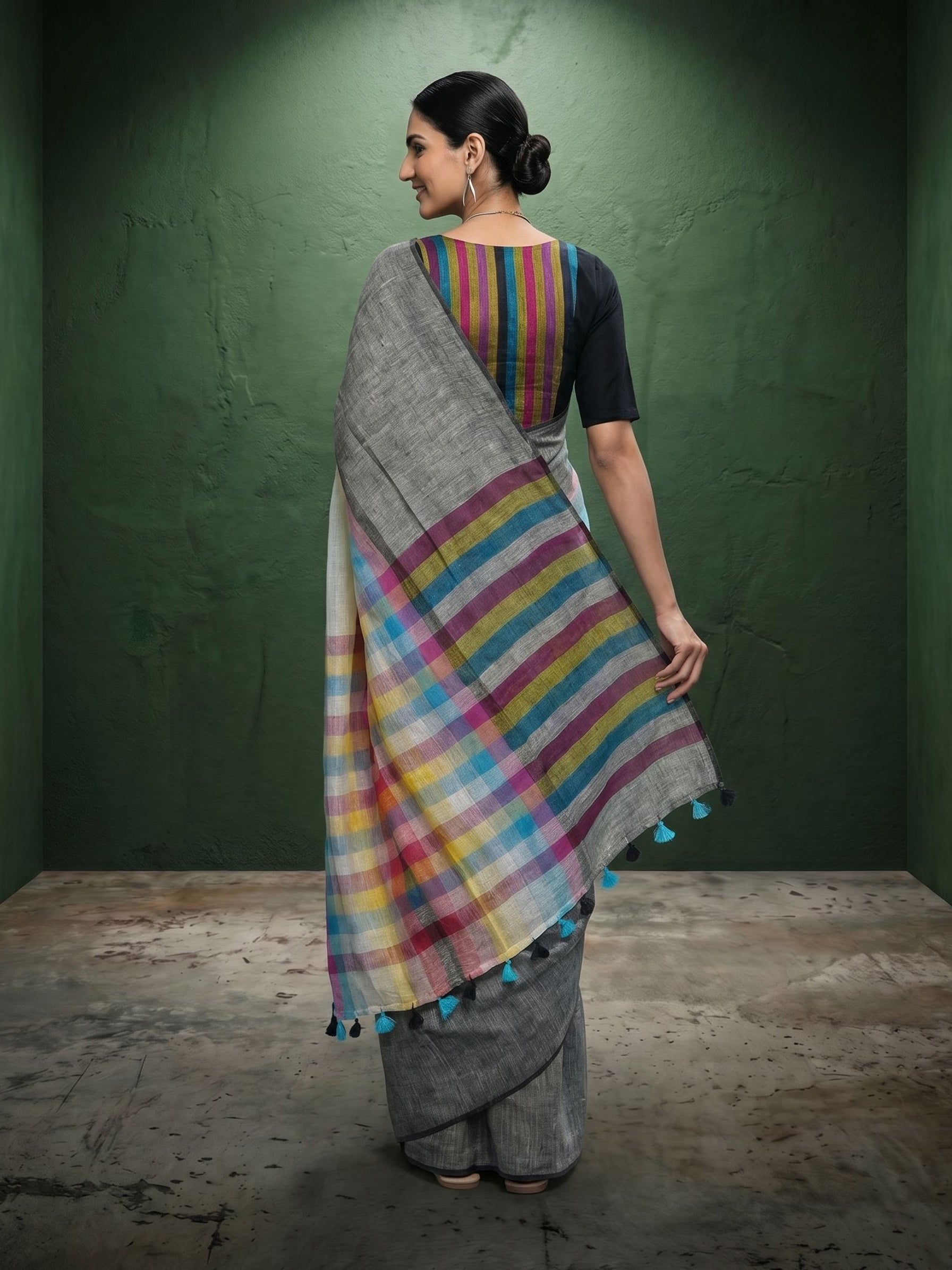 Semi Linen Silver Grey Multicolour Pastel Stripe Pallu Saree with Black Piping & Teal Tassel Finish