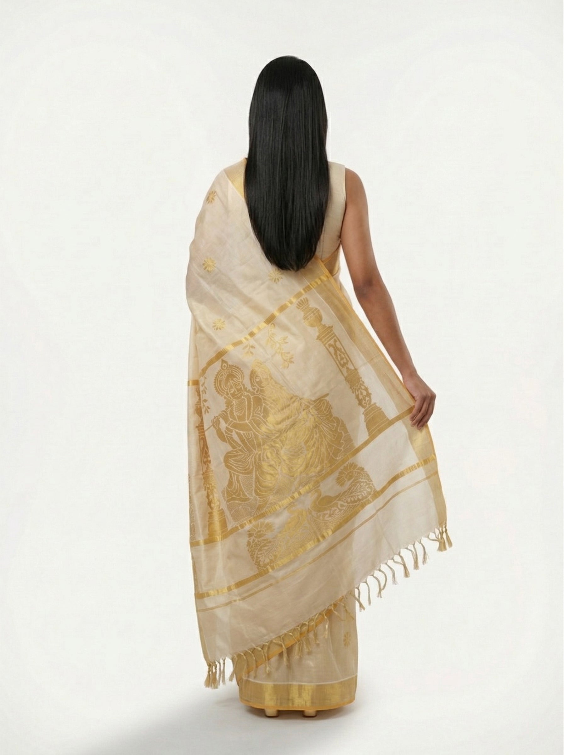 Cotton Cream Saree with Yellow Border, Floral Butta Motifs and Tassel Pallu