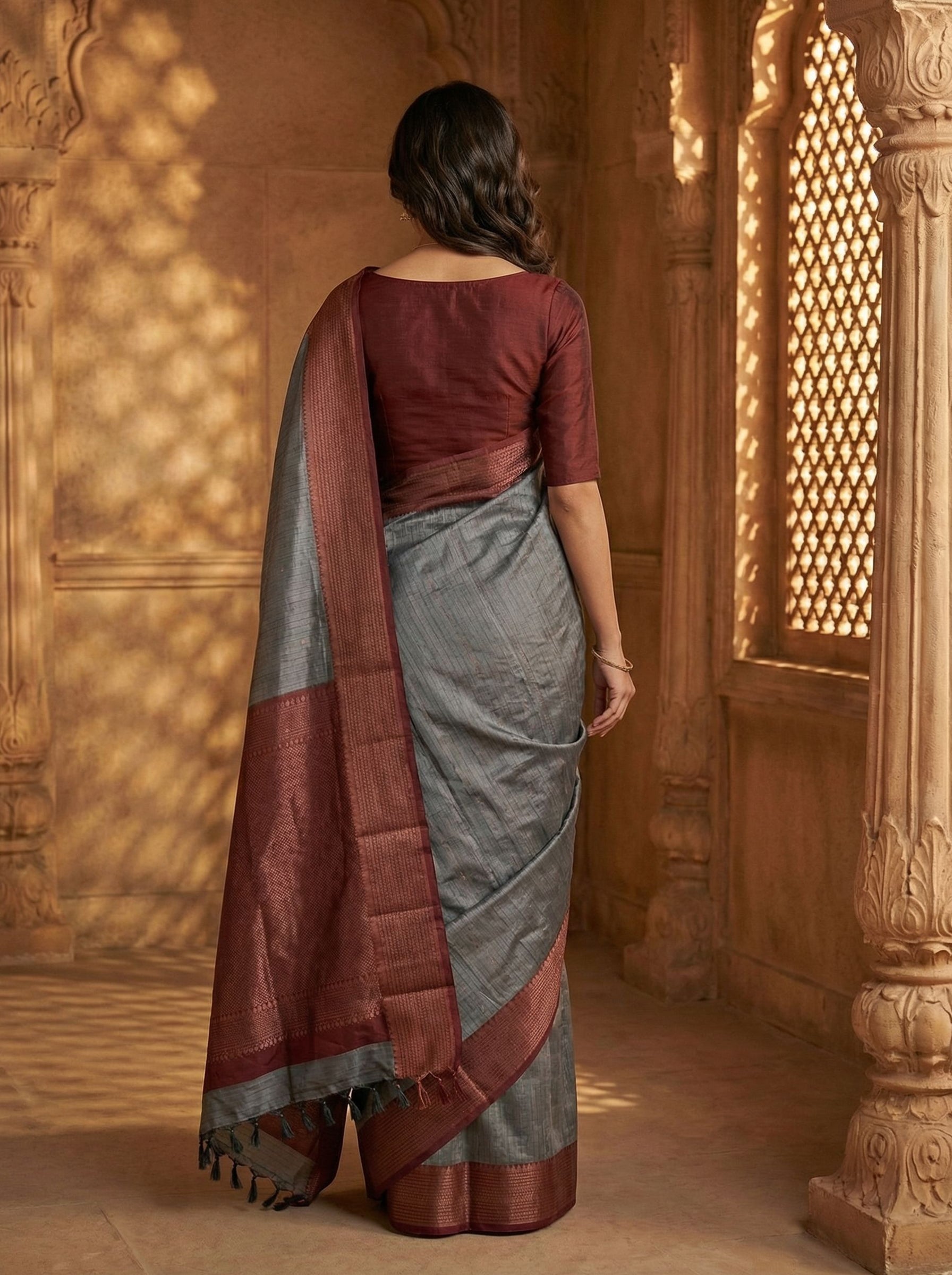 Semi Silk Grey Striped Saree with Maroon Border