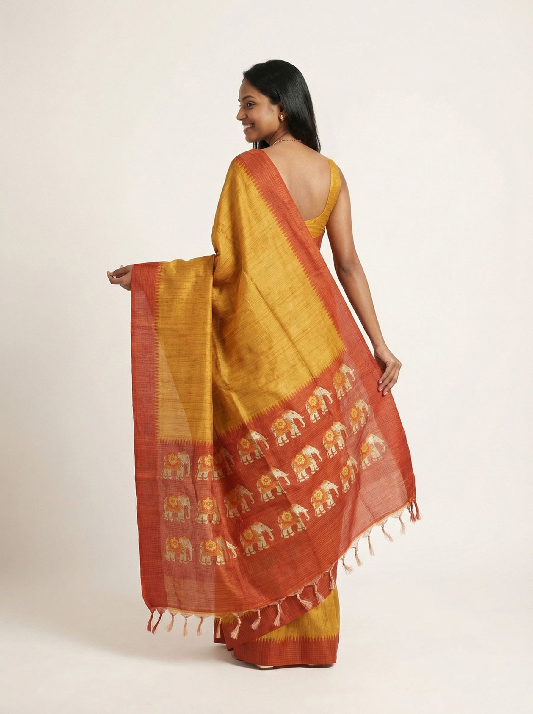 Semi Jute Mustard Elephant Motif Saree