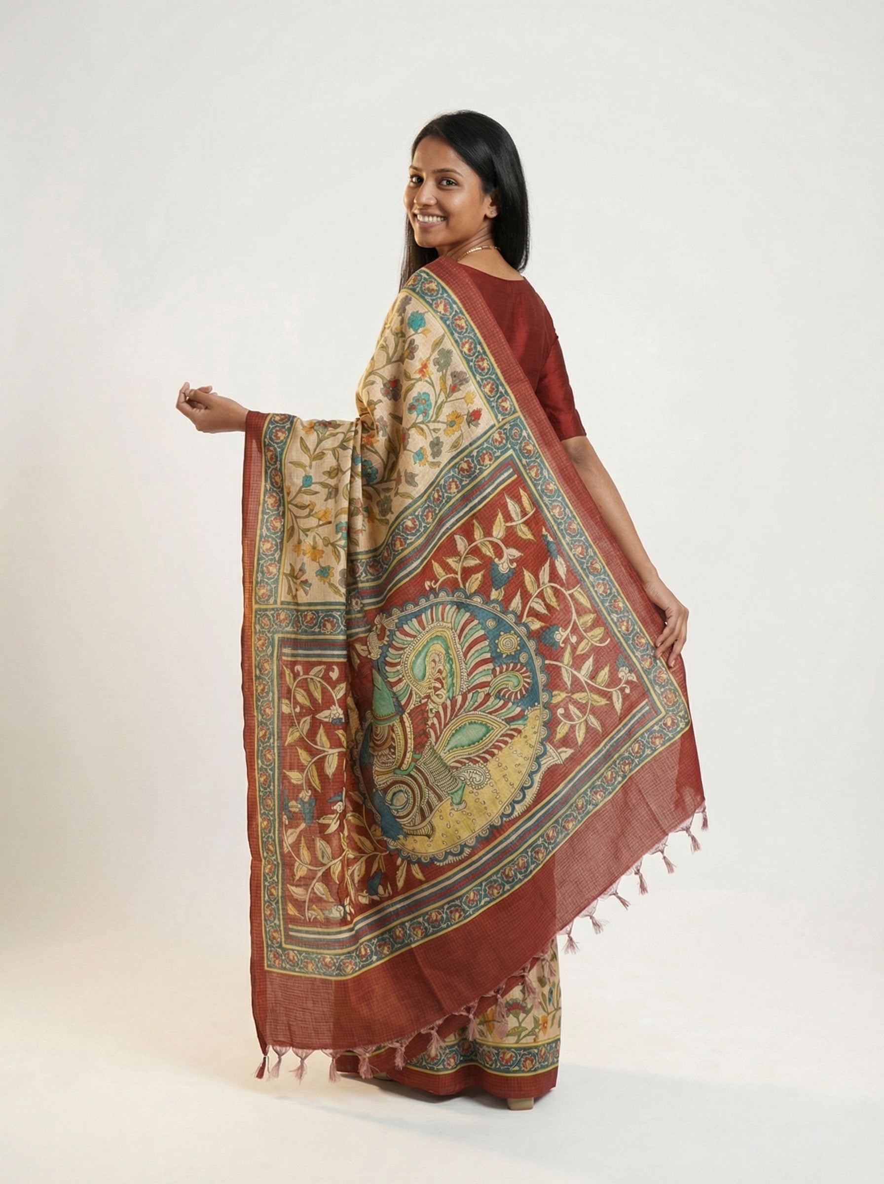 Chanderi Cotton Beige Kalamkari Inspired Saree