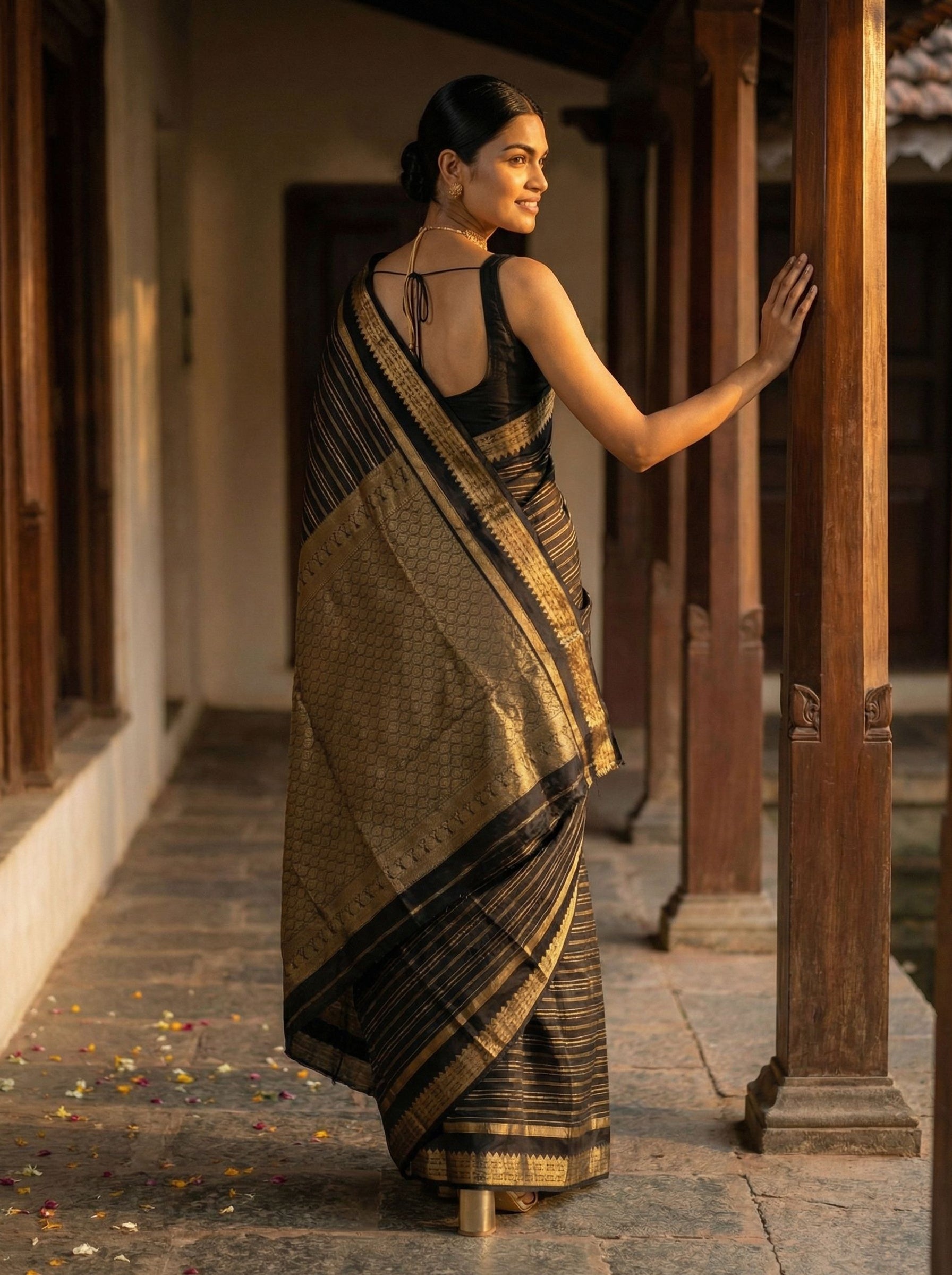 Kanjivaram Pure Silk Black And Golden Stripe Saree