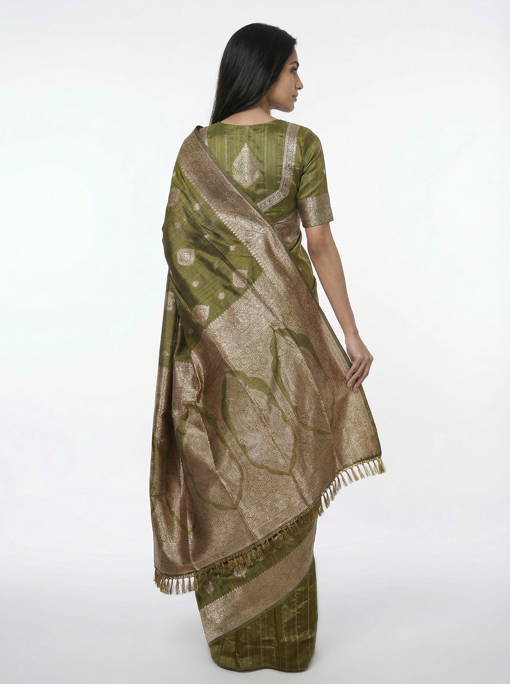 Semi Silk Premium Brownish Green Saree with Floral Blouse Piece