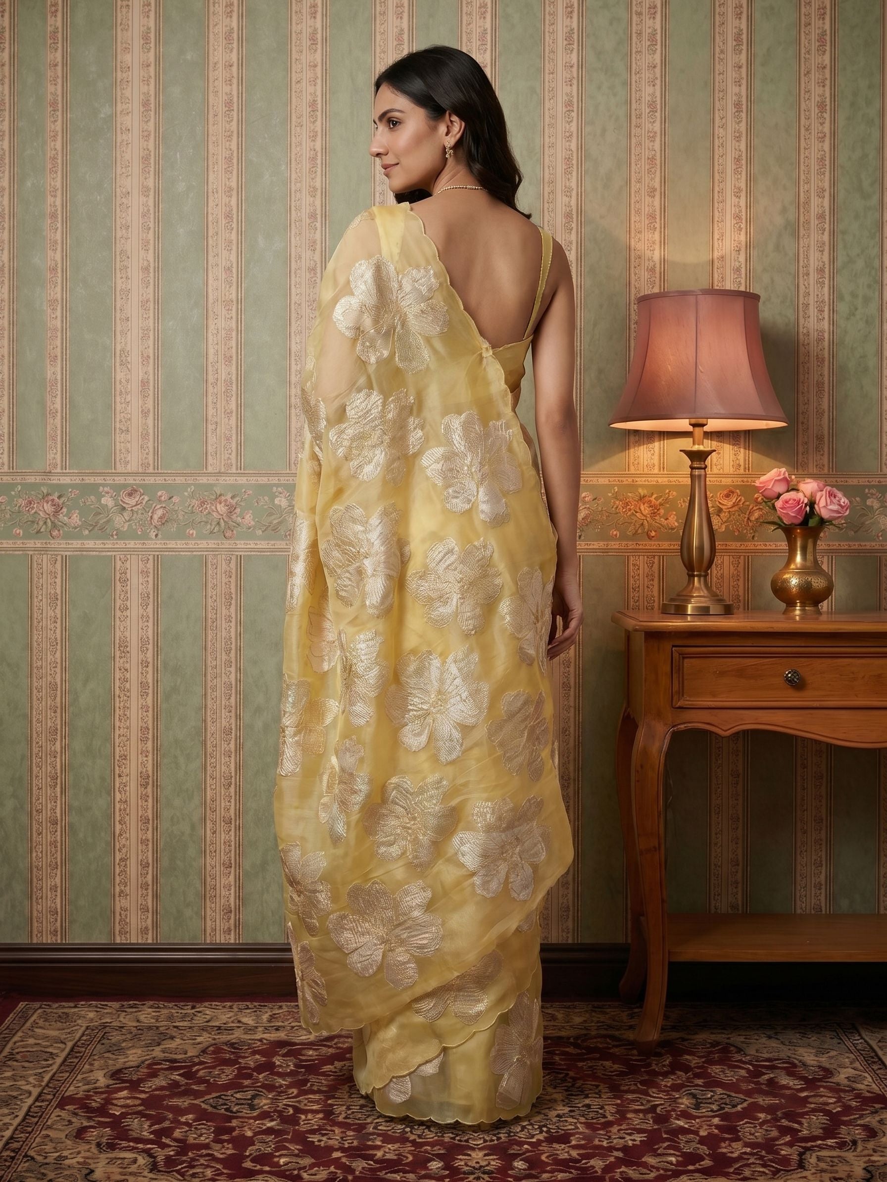 Turkish Organza Yellow  Saree with Large Floral Embroidery Pattern and Elegant Designer Drape