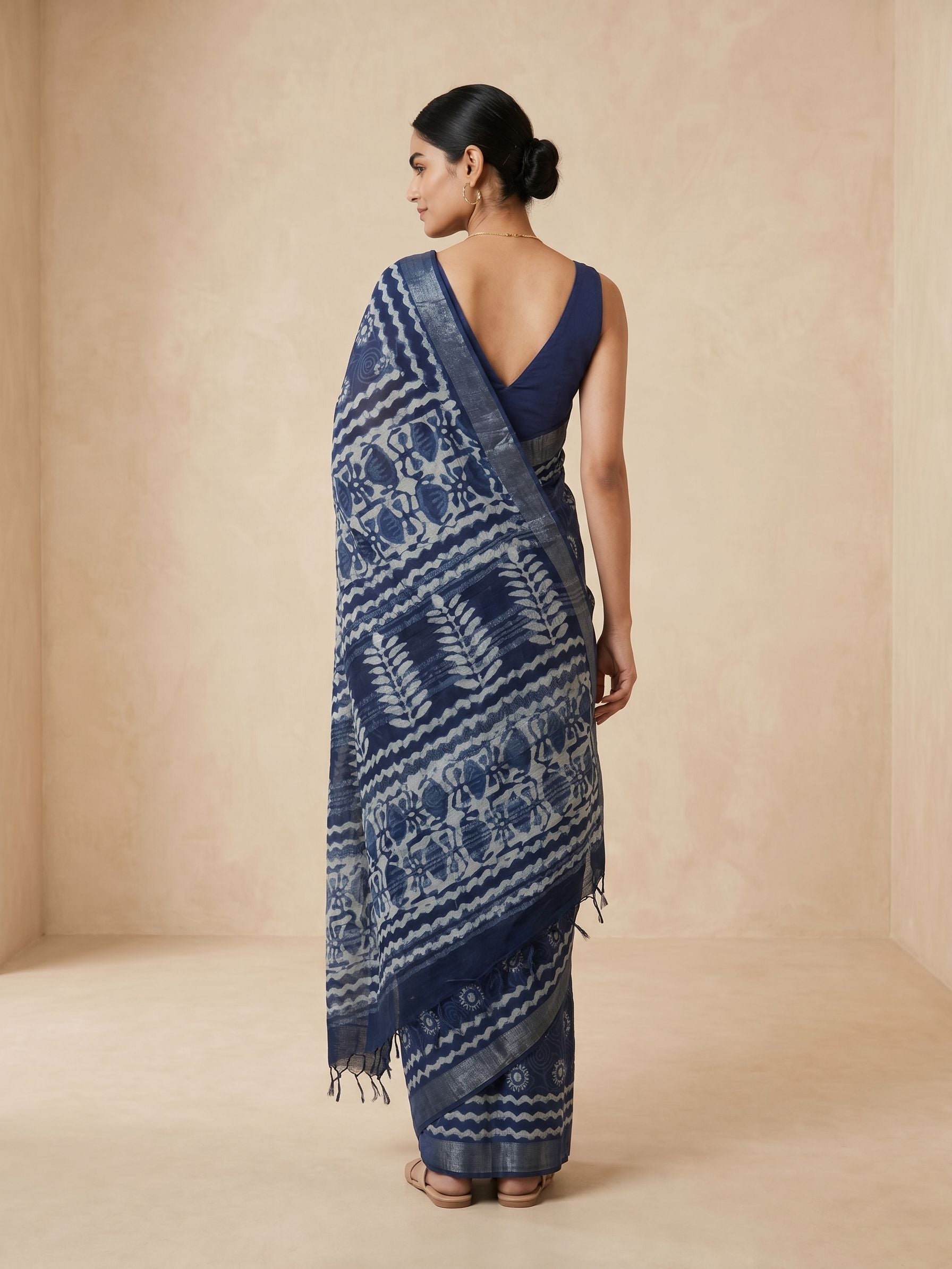 Cotton Indigo Blue Hand Block Print Saree with Sun Spiral Motifs & Wave Border