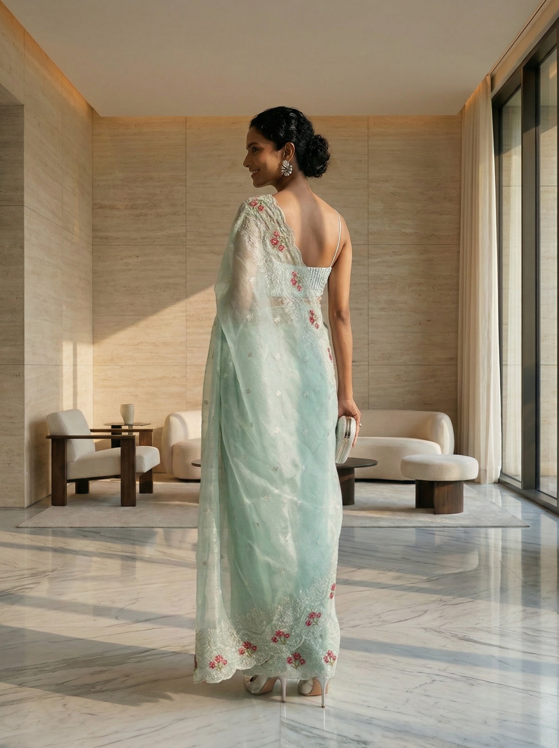 Organza Sky Blue Pink Floral Designer Saree