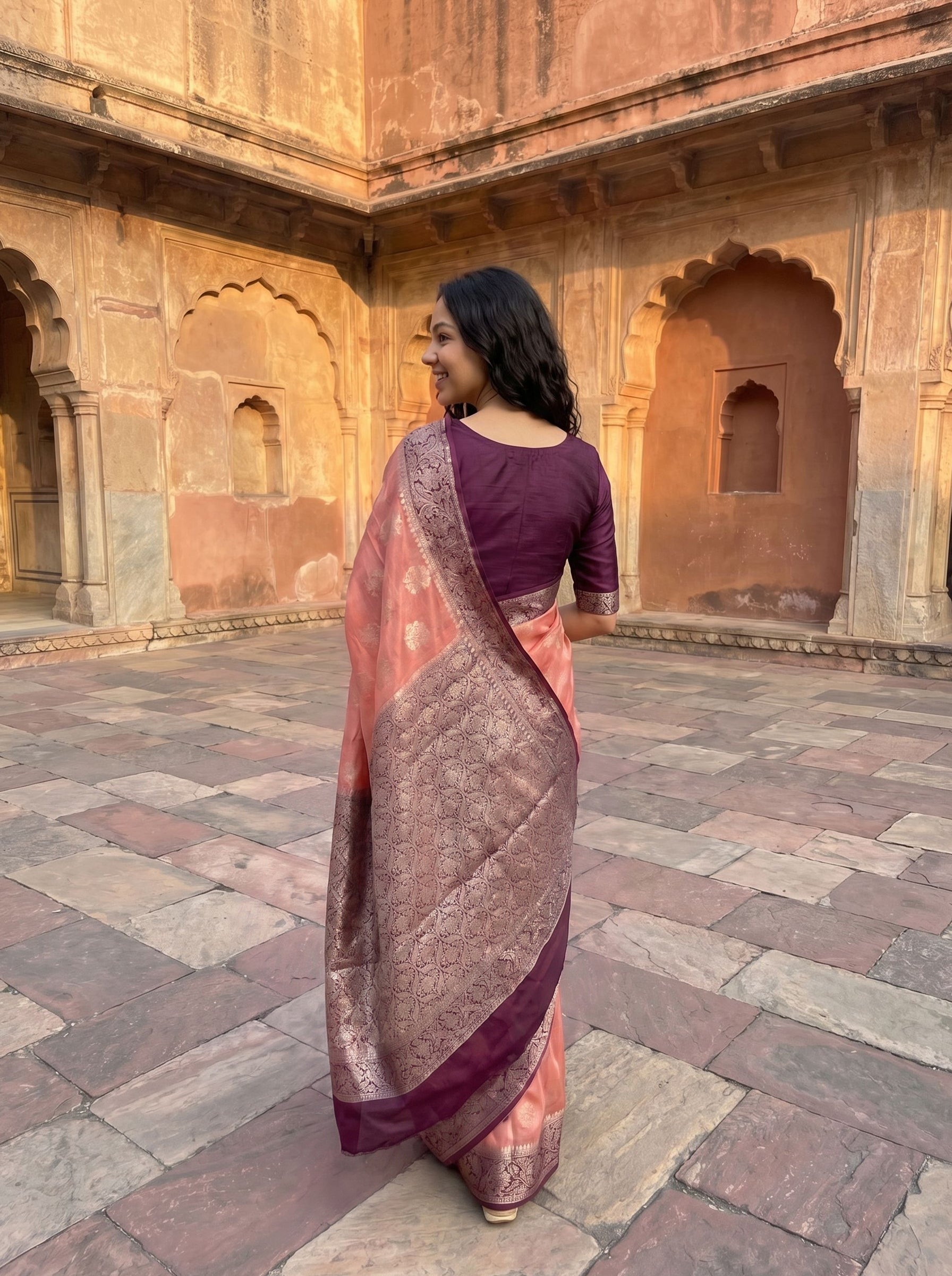 Semi Tussar Peach Delicate Gold Motif Saree