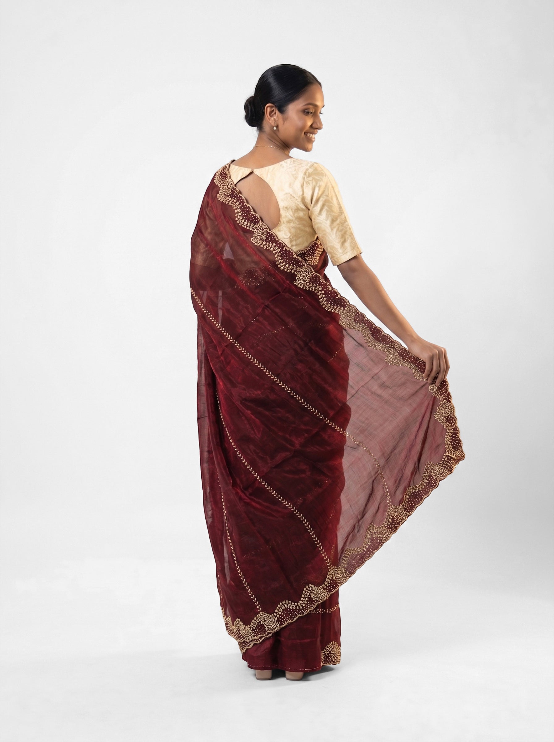Organza Wine Red Stone Scalloped Border Designer Saree