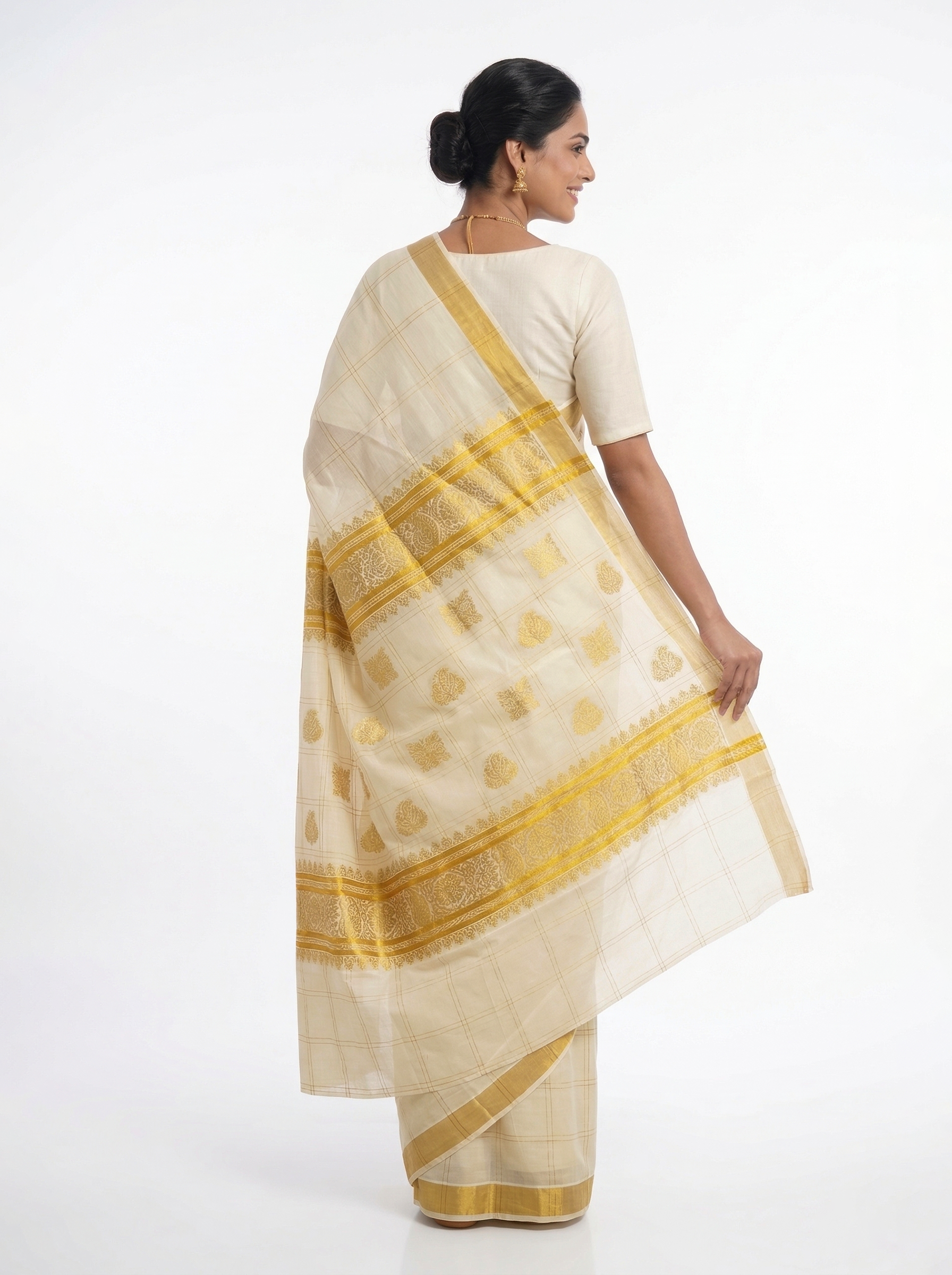 Cotton Cream Saree with Checked Pattern and Golden Border Design Set Saree