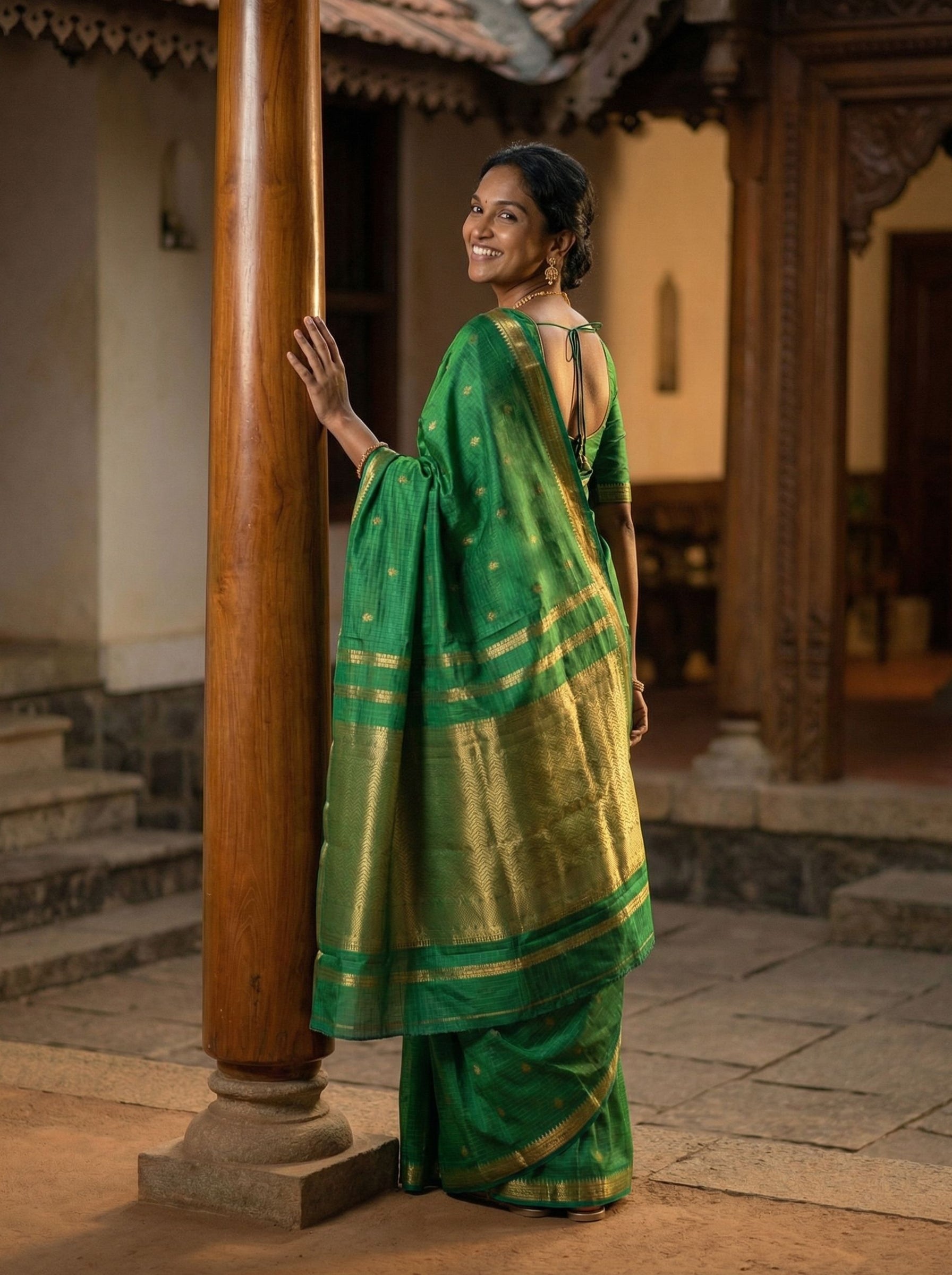 Kanjivaram Pure silk Emerald Green Minimalist Motif Saree