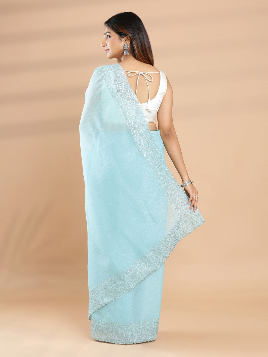 Light Sea Blue Color Crush Organza Saree With Mini Stone Work