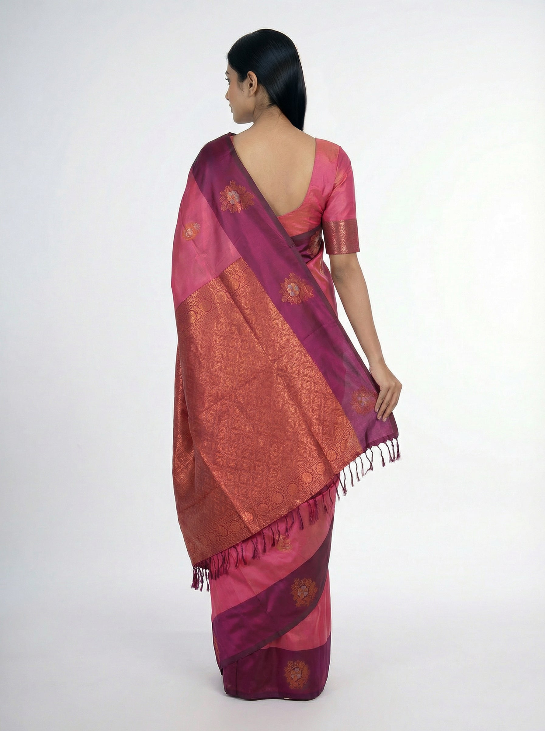 Semi Silk Women’s Pinkish Peach Saree with Butta Work & Wine Border