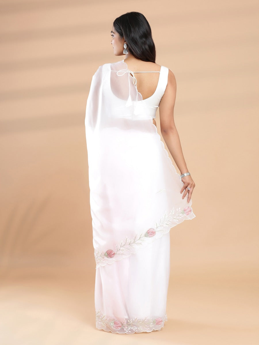 Off White Soft Organza Saree With Embroidery On Scalloped Border