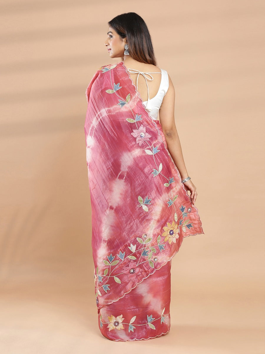 Pastel & Dark Brick Red Shade Soft Organza Saree With Floral Embroidery