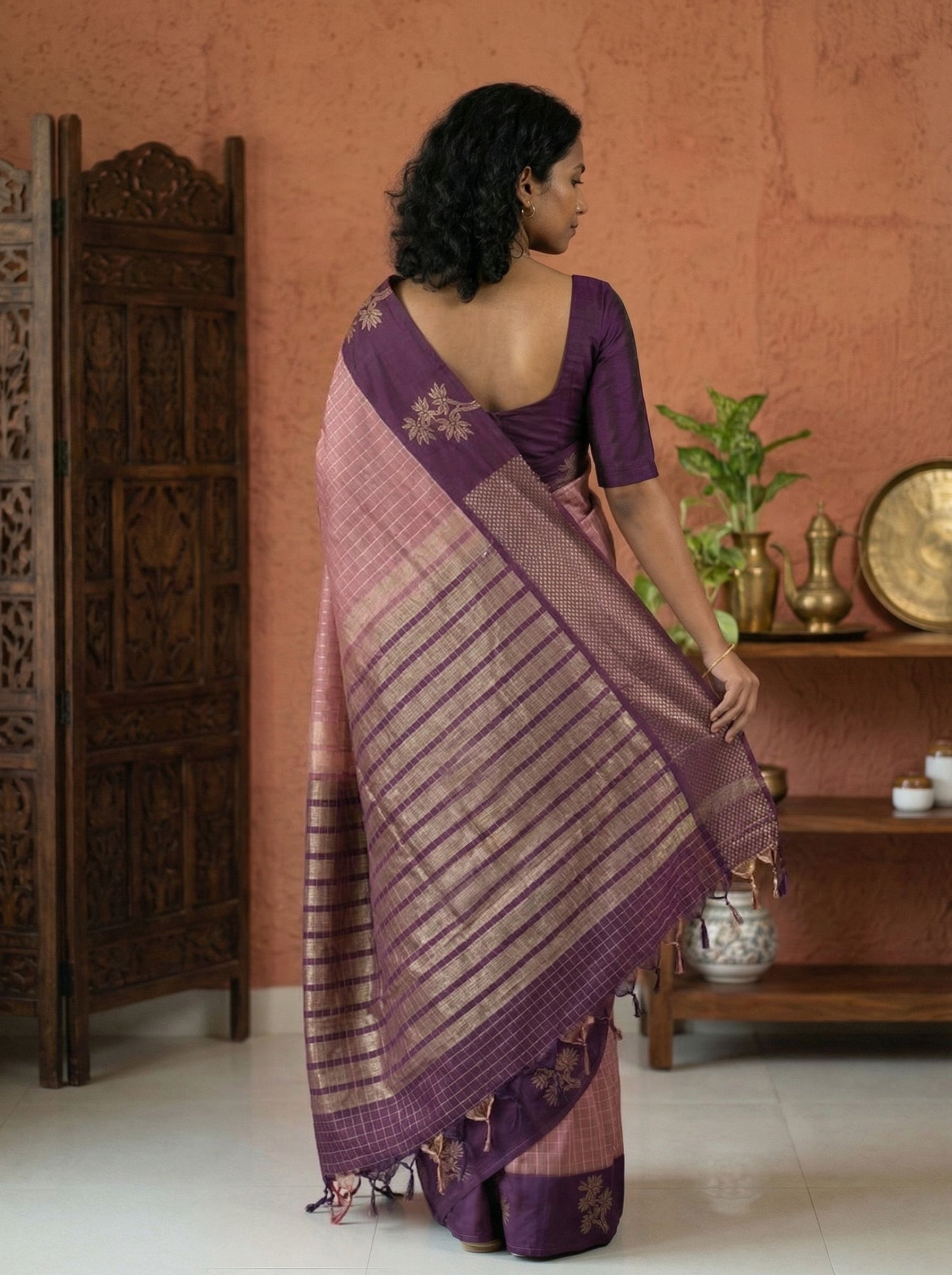 Semi Silk Mauve Pink Zari Checked Saree