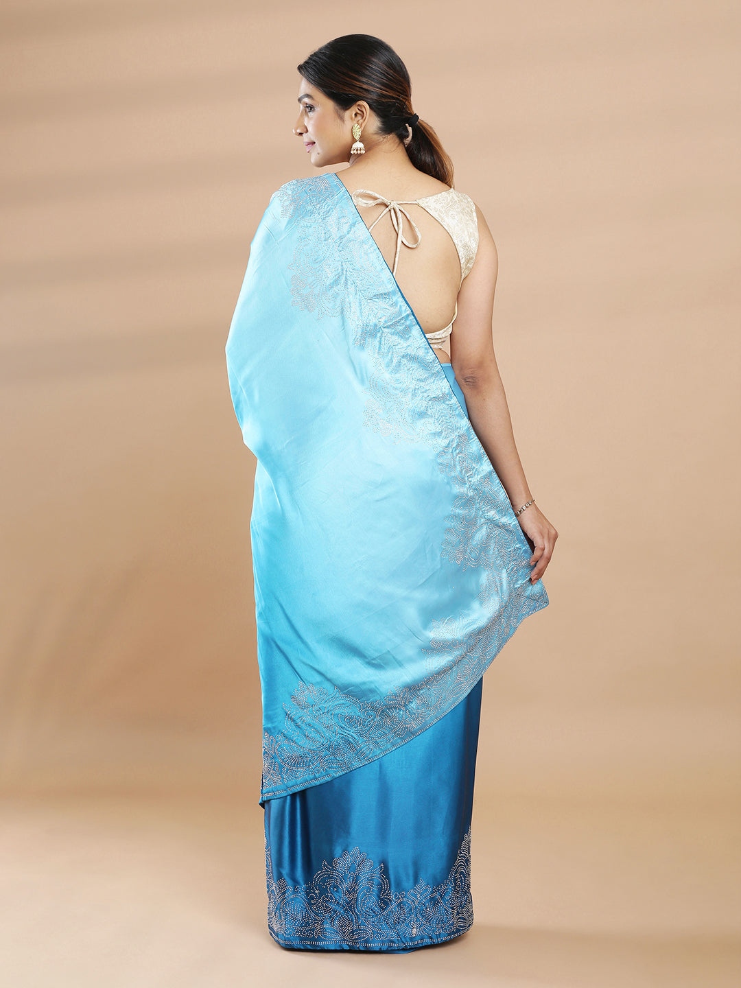 Dark & Light Blue Double Shaded  Satin Plain Saree With Mini Stone Work