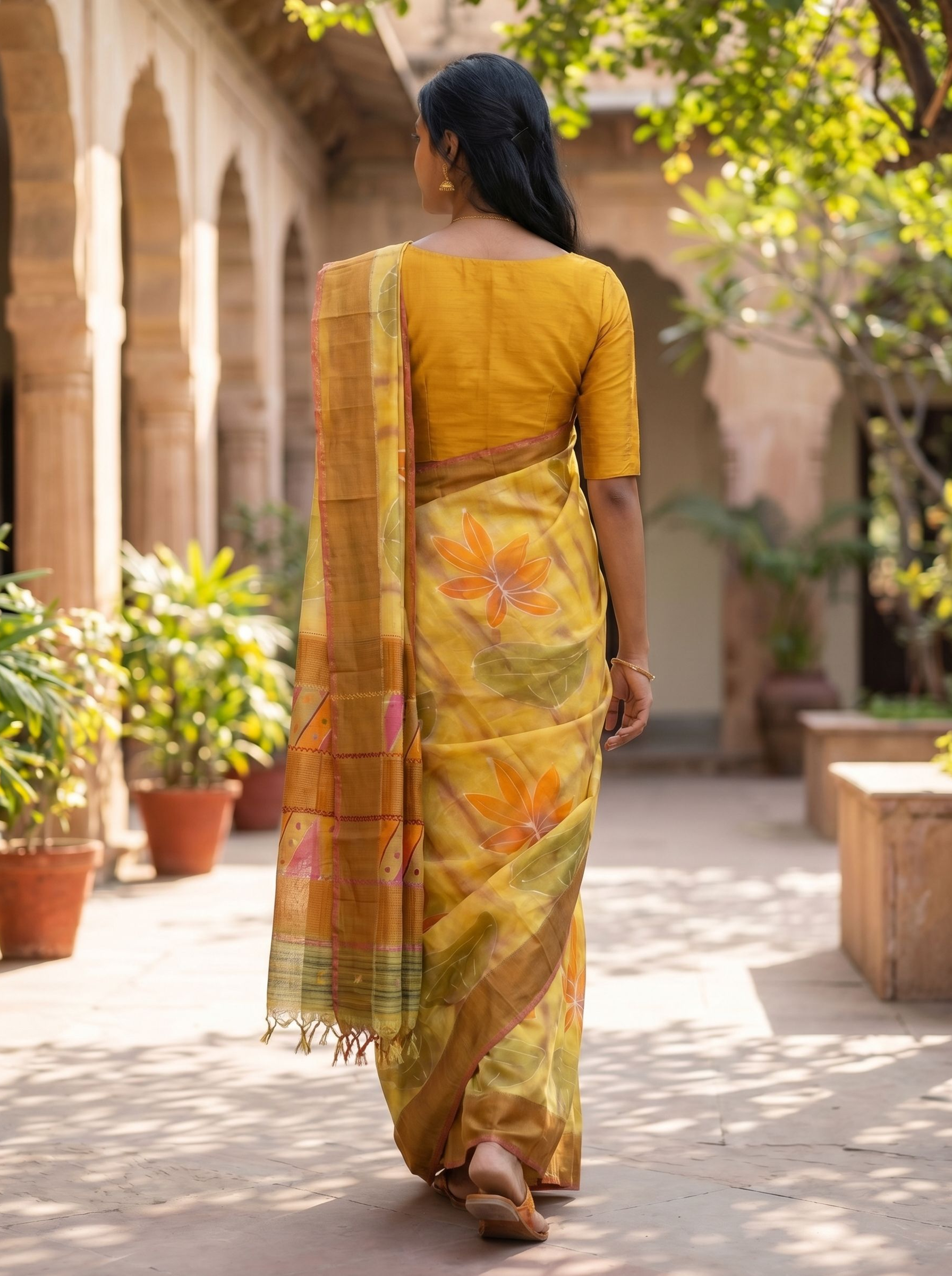 Tussar Mustard Yellow Floral Saree with Artistic Print
