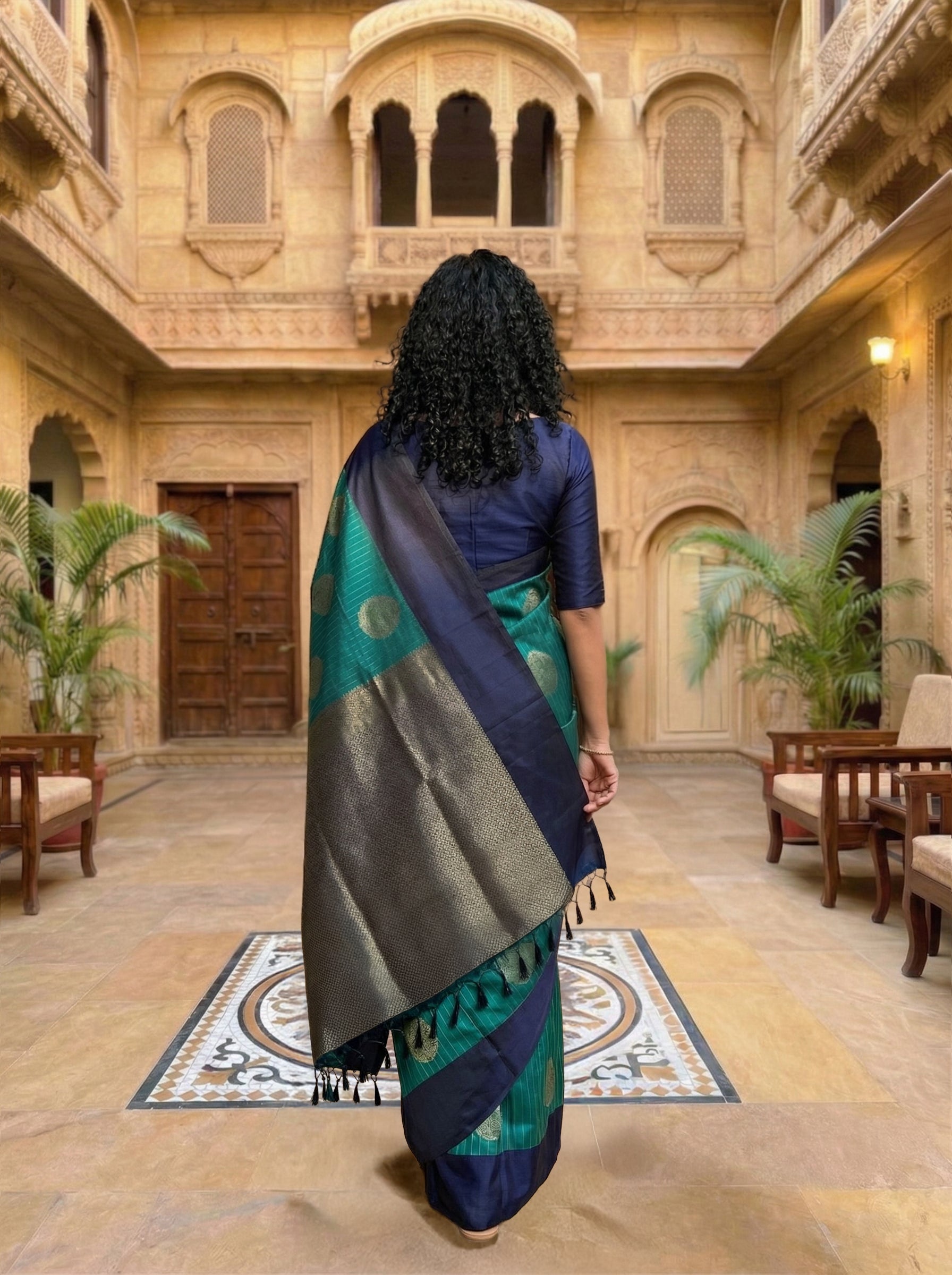 Semi Silk Peacock Blue Style Saree with Rich Zari Circular Motifs