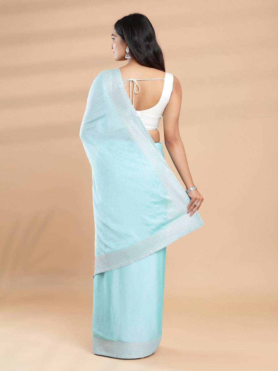 Light Blue Color Crushed Georgette Crepe Saree With Mini Stone Work